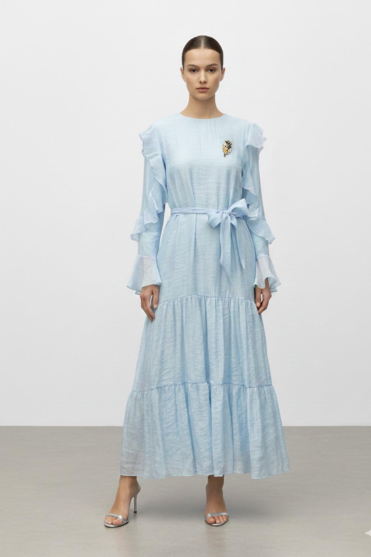 Fırfır Kollu Kuşaklı Kat Kat Uzun Elbise-12673 - BLUE