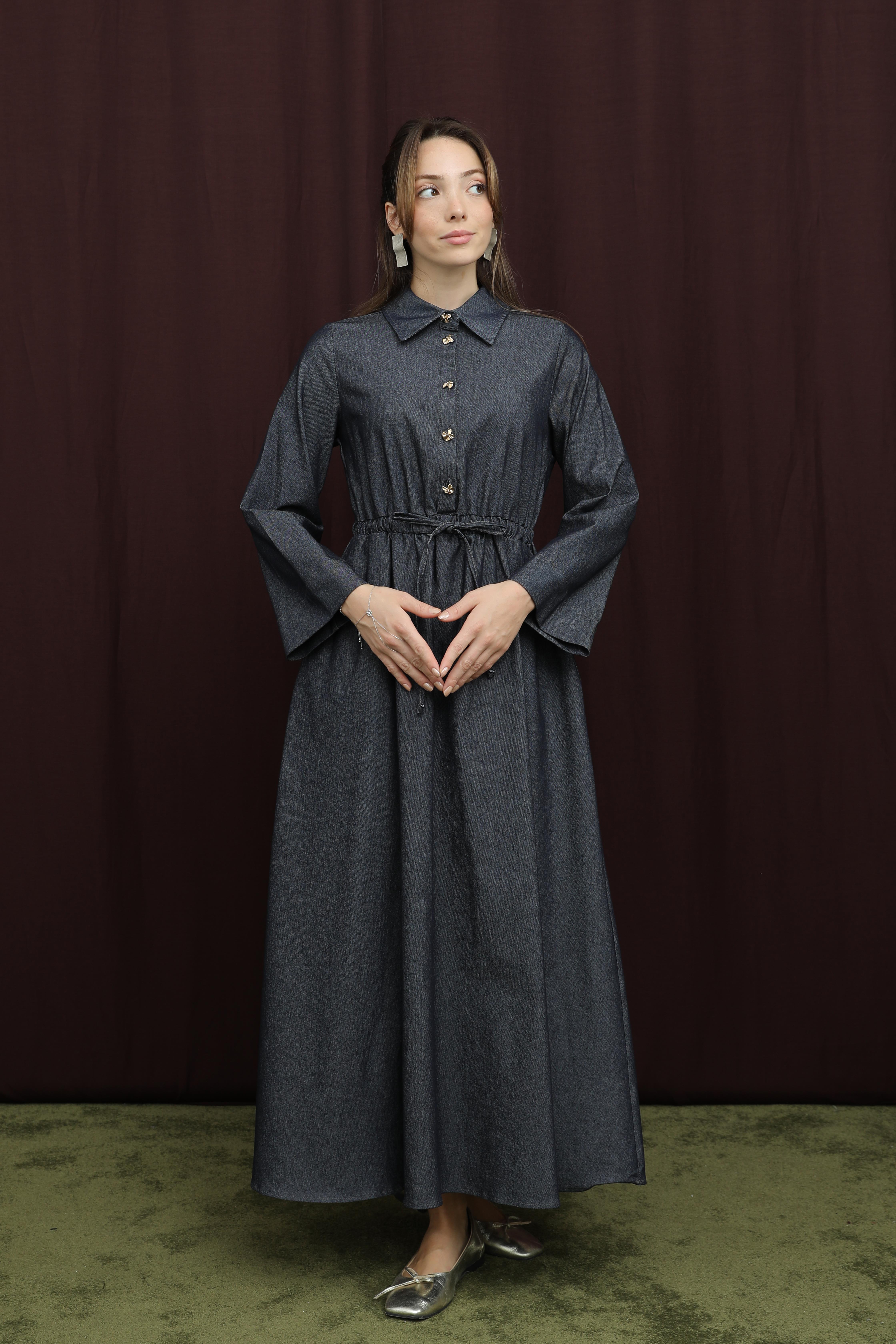 Kadın Yakası Pile Detaylı Kuşaklı Elbise - 20703ELB - NAVY