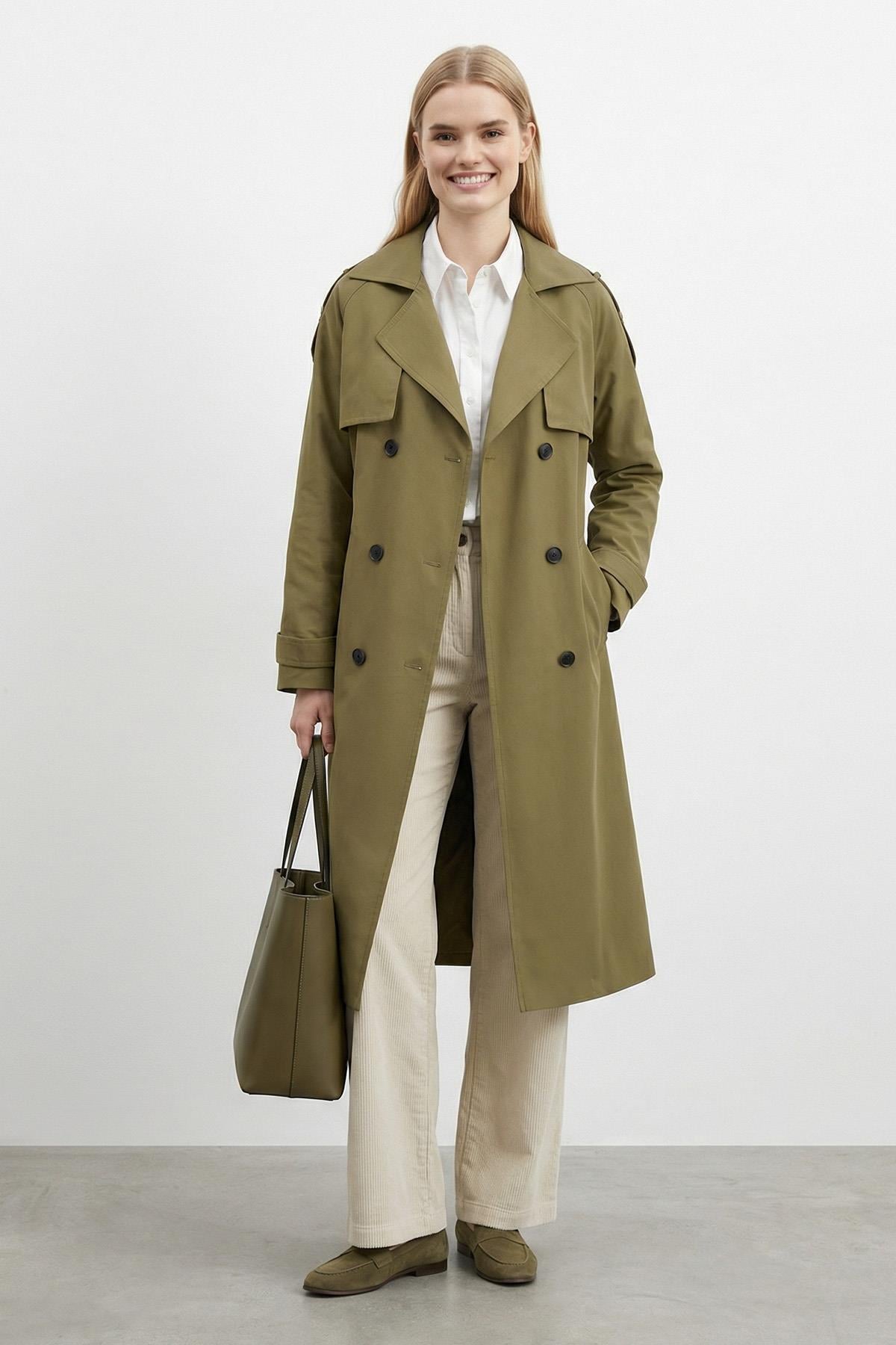 Kruvaze Kuşaklı Uzun Trençkot-20737 - OLIVE