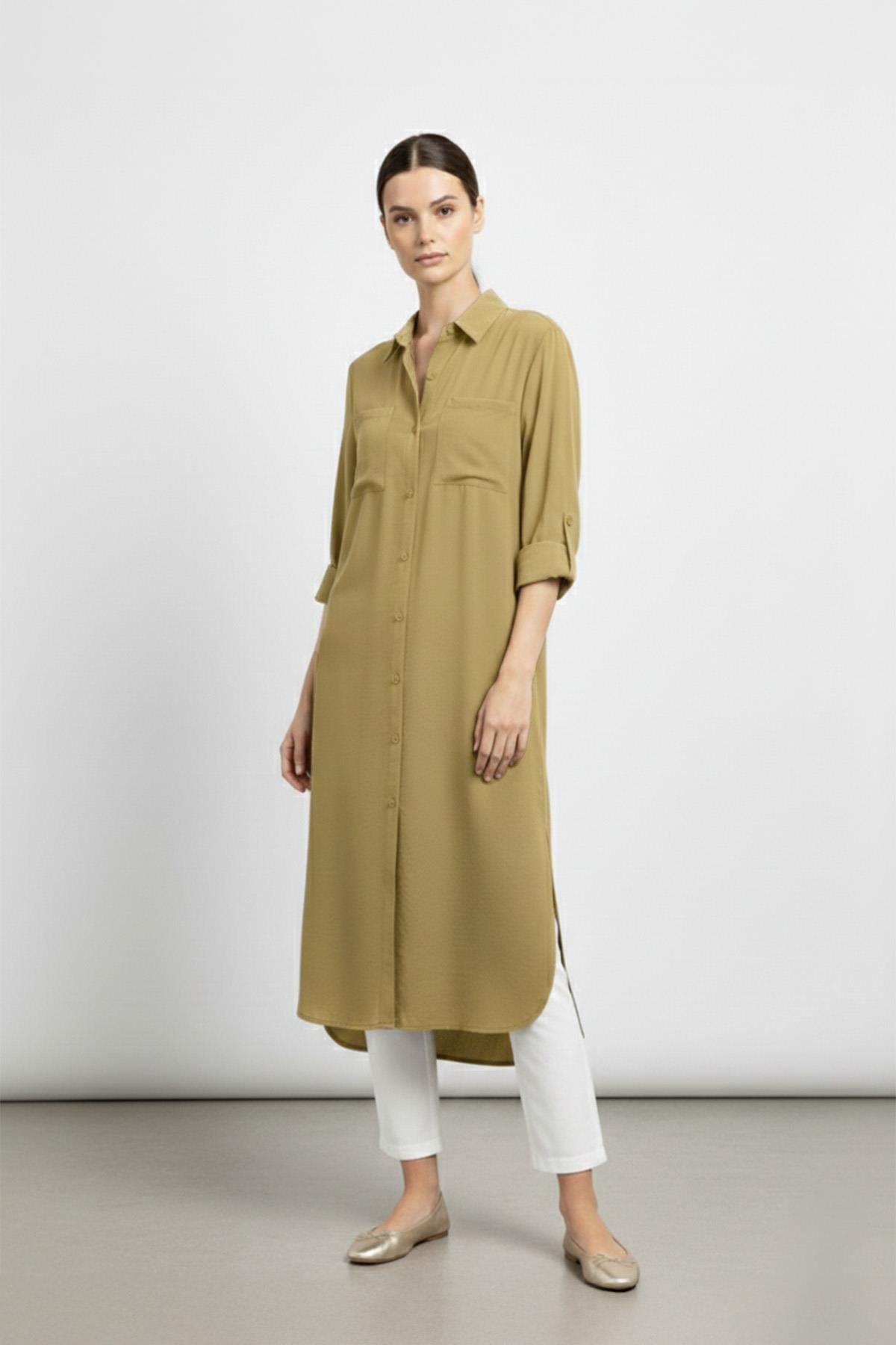 Kadın Uzun Düğmeli Cepli Oversize Gömlek -10764 - OLIVE