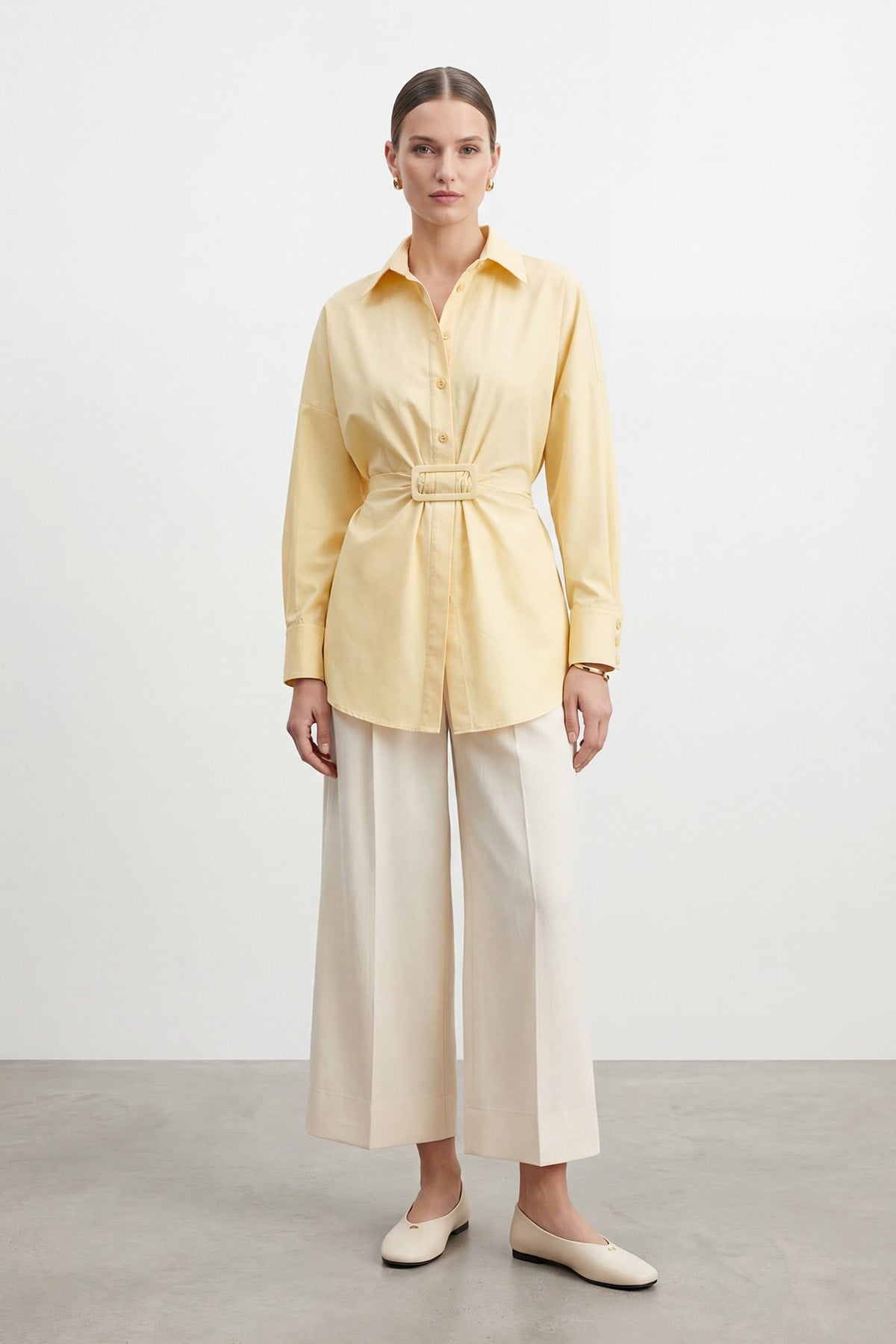 Kadın Kemer Detaylı  Kuşaklı Gömlek  – 20761GML - YELLOW