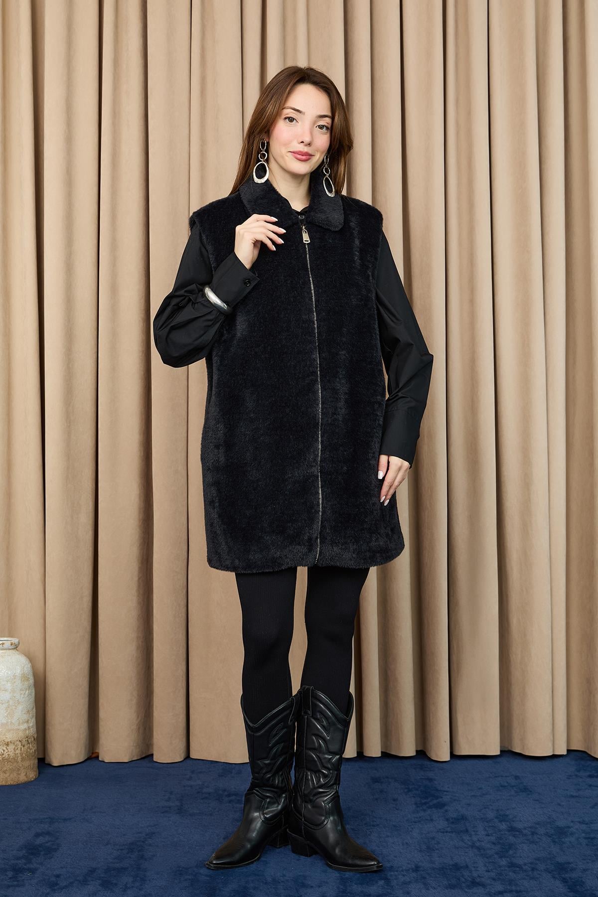 Kadın Fermuarlı Peluş Yelek- 15238YLK - BLACK