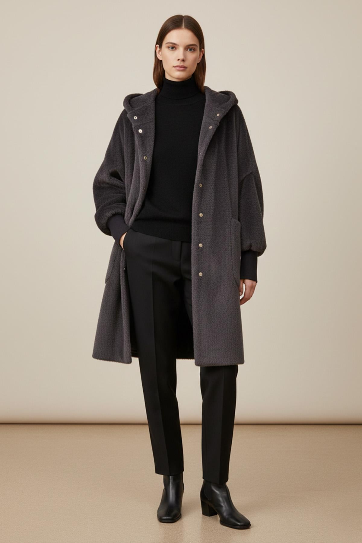 Kadın Kapüşon Detaylı Çıtçıtlı Angora Kaban - 15232KBN - ANTRACITE