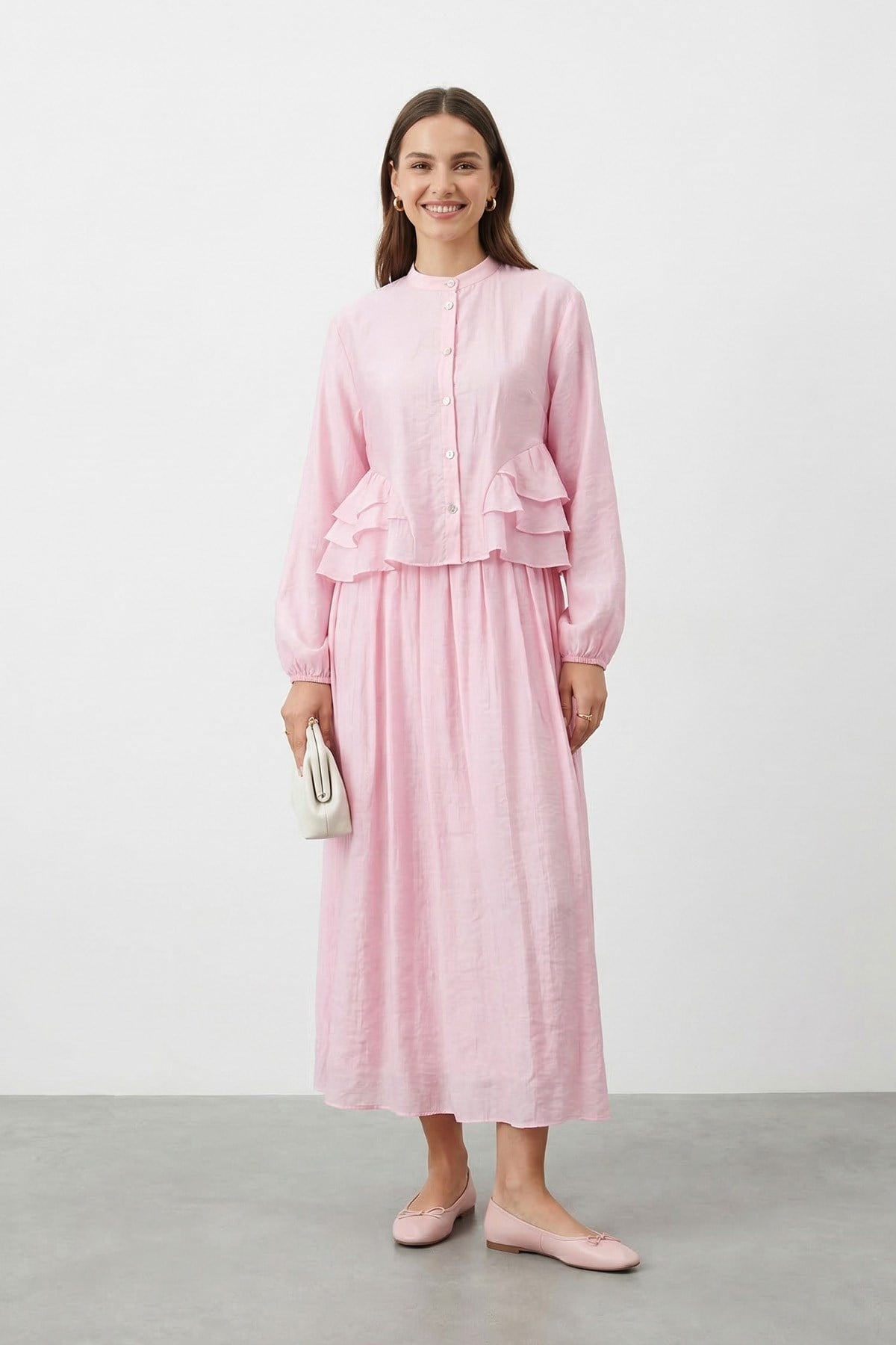 Kadın Hakim Yaka Fırfır Detaylı Tencel Tunik Etek Takım – 32502TKS - PINK