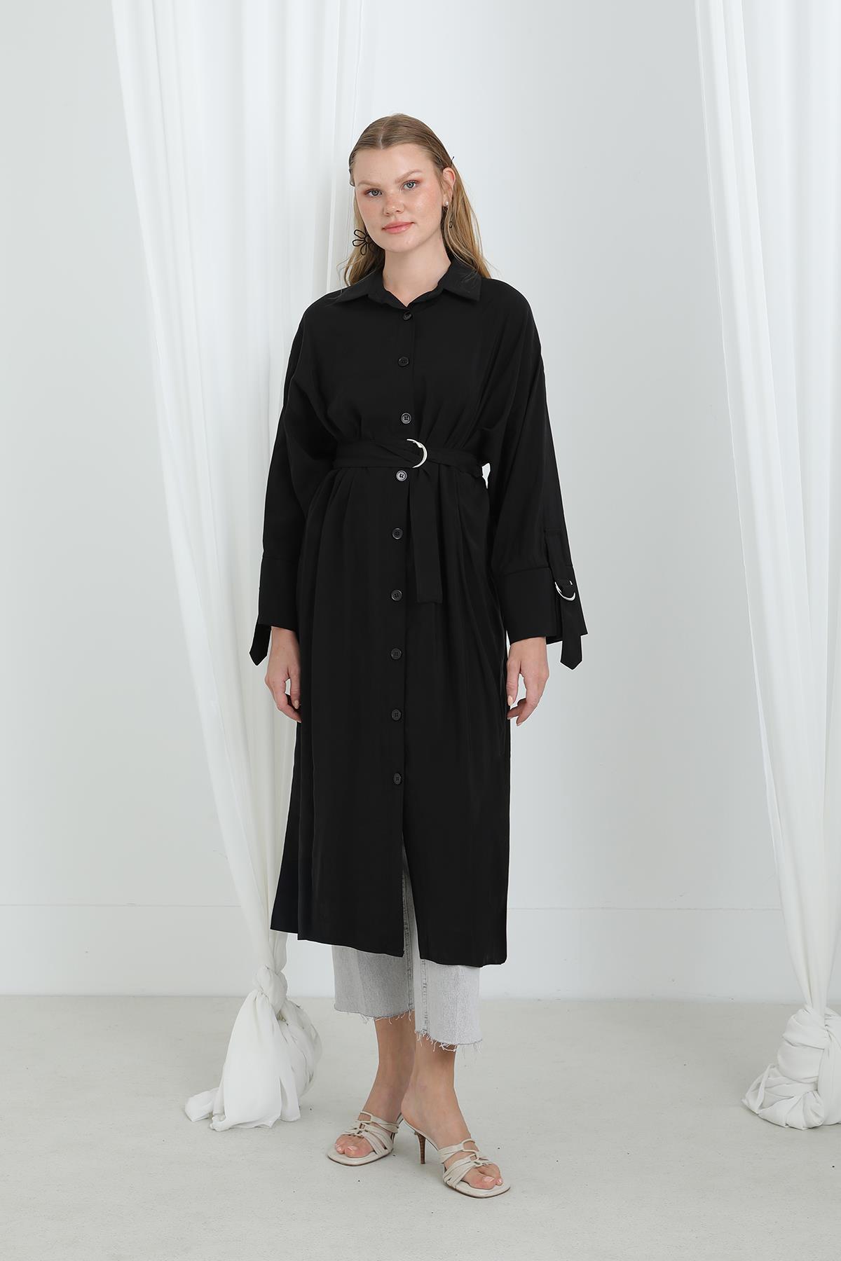 Kadın Kuşaklı Düğmeli Oversize Tunik -10700TUN - BLACK