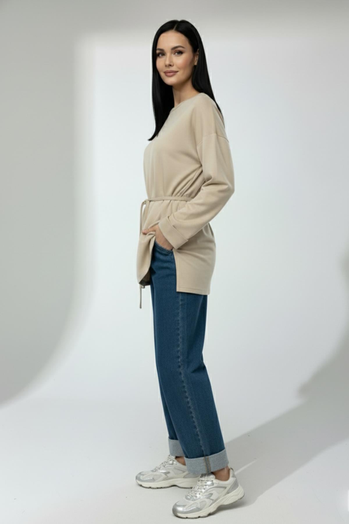 Kadın Düşük Omuz Detaylı Bağlama Aksesuarlı Bluz-20720BLZ - DARK BEIGE