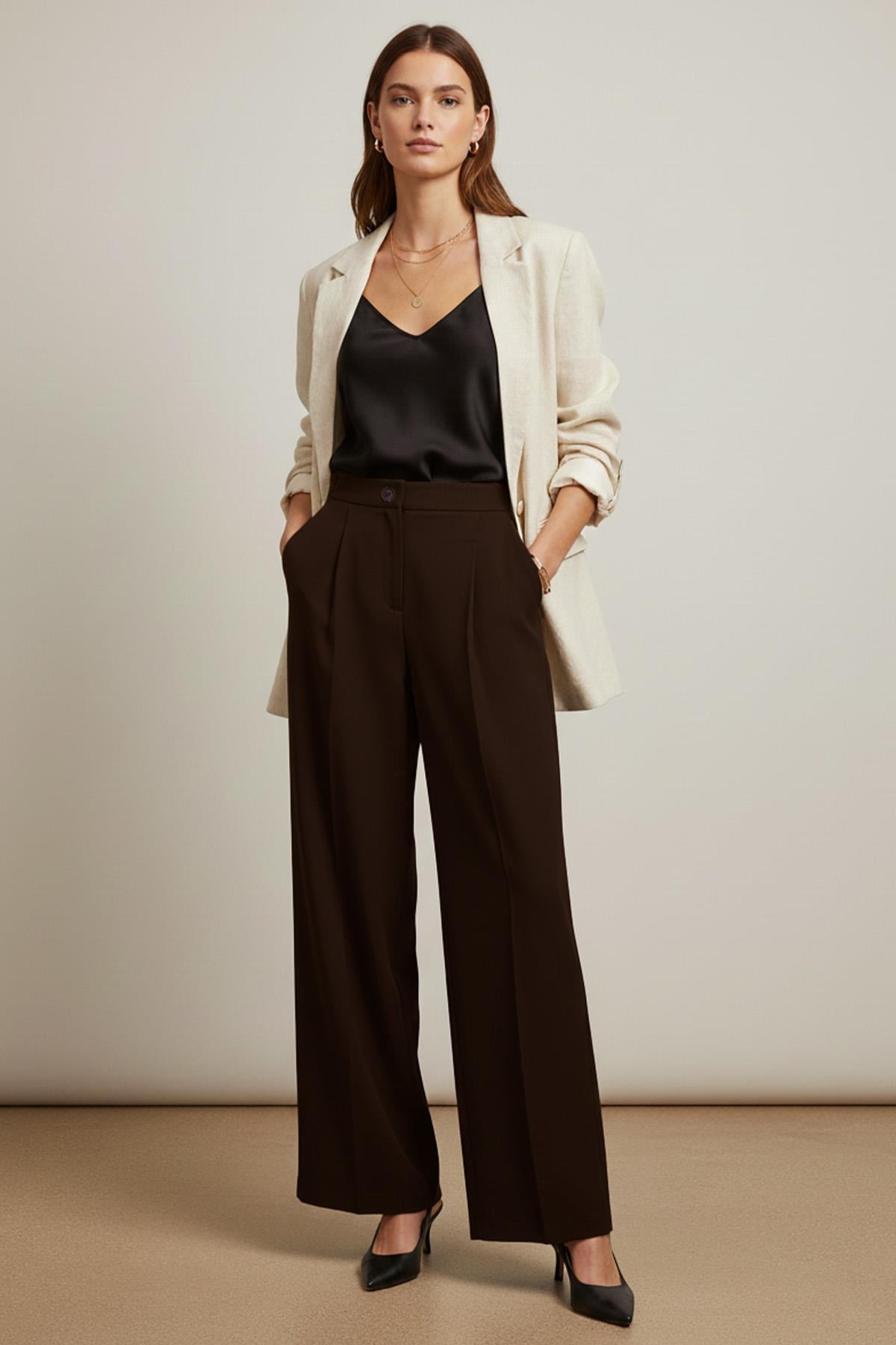 Kadın Yüksek Bel Geniş Paça Kumaş Pantolon -18289PNT - BROWN