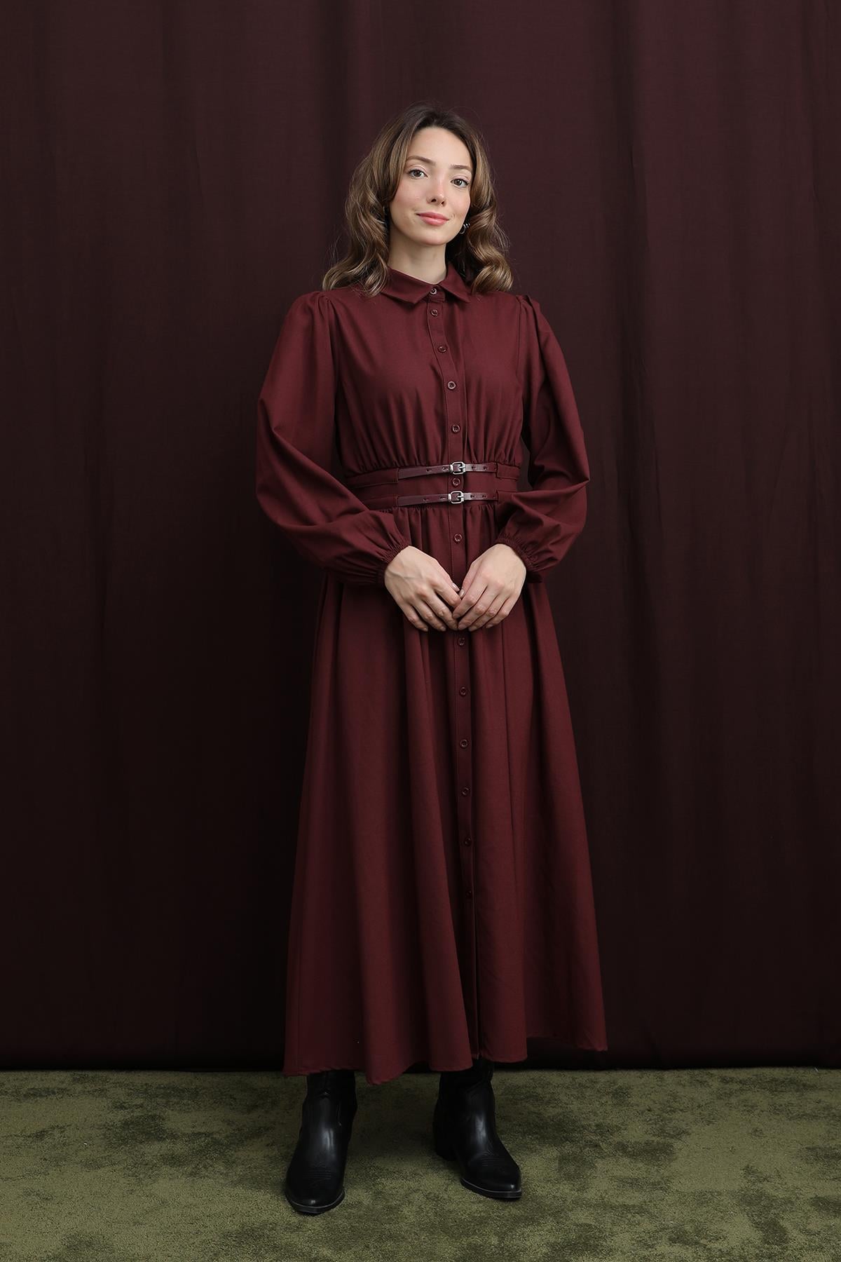 Kadın Çift Kemerli Elbise - 20700ELB - BURGUNDY