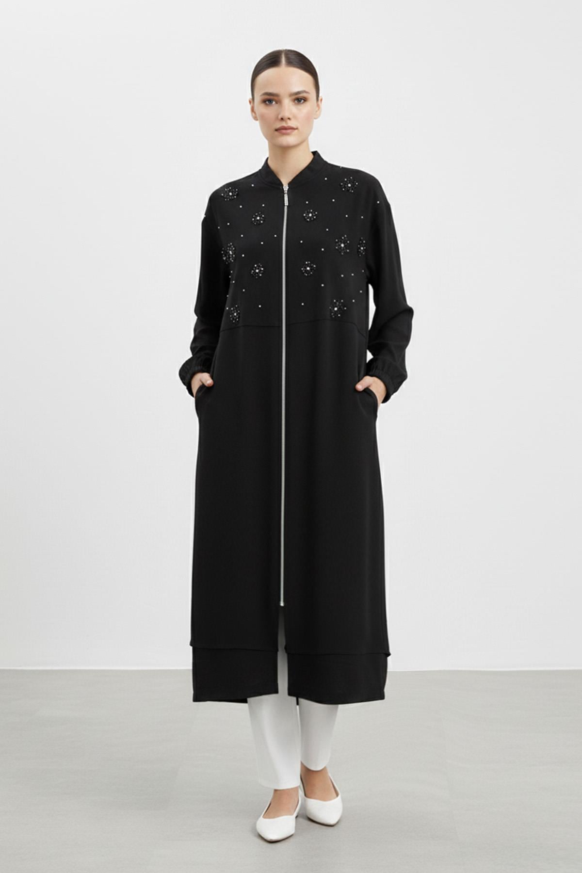 Kadın Fermuarlı Yaka Düz Kesim Uzun Hırka-15253HRK - BLACK