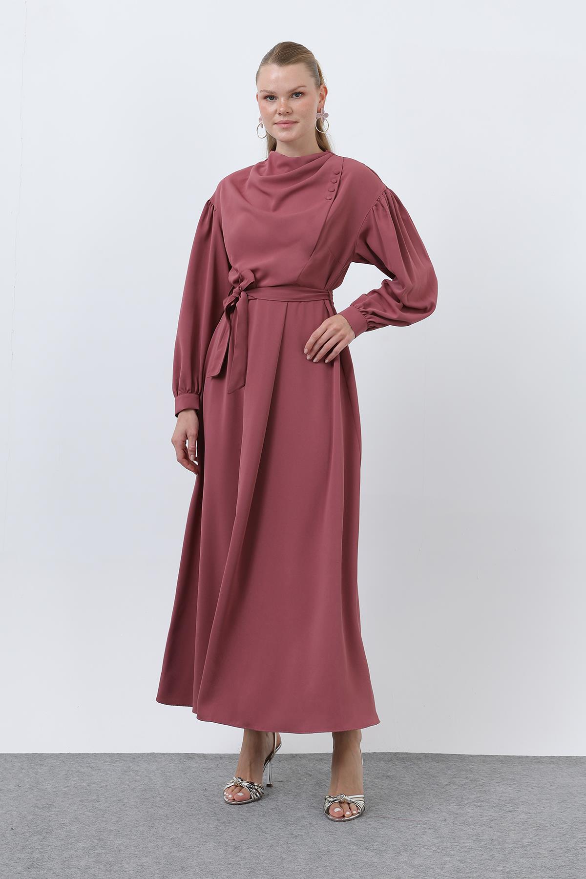 Kadın Beli Kuşaklı Saten Elbise - 12608ELB - ROSE