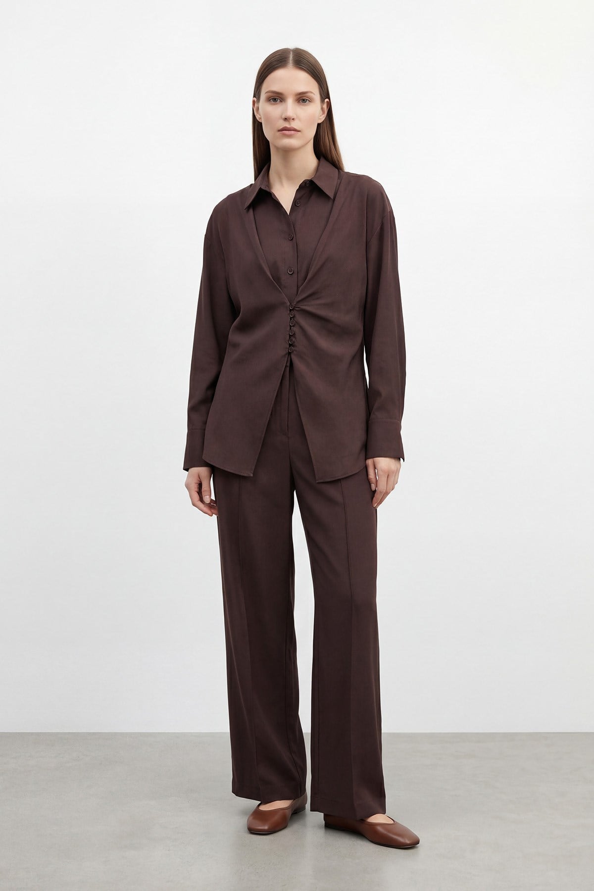 Kadın Gömlek Yaka Rahat Kesim Tunik Pantolon Takım – 32493TKS - BROWN