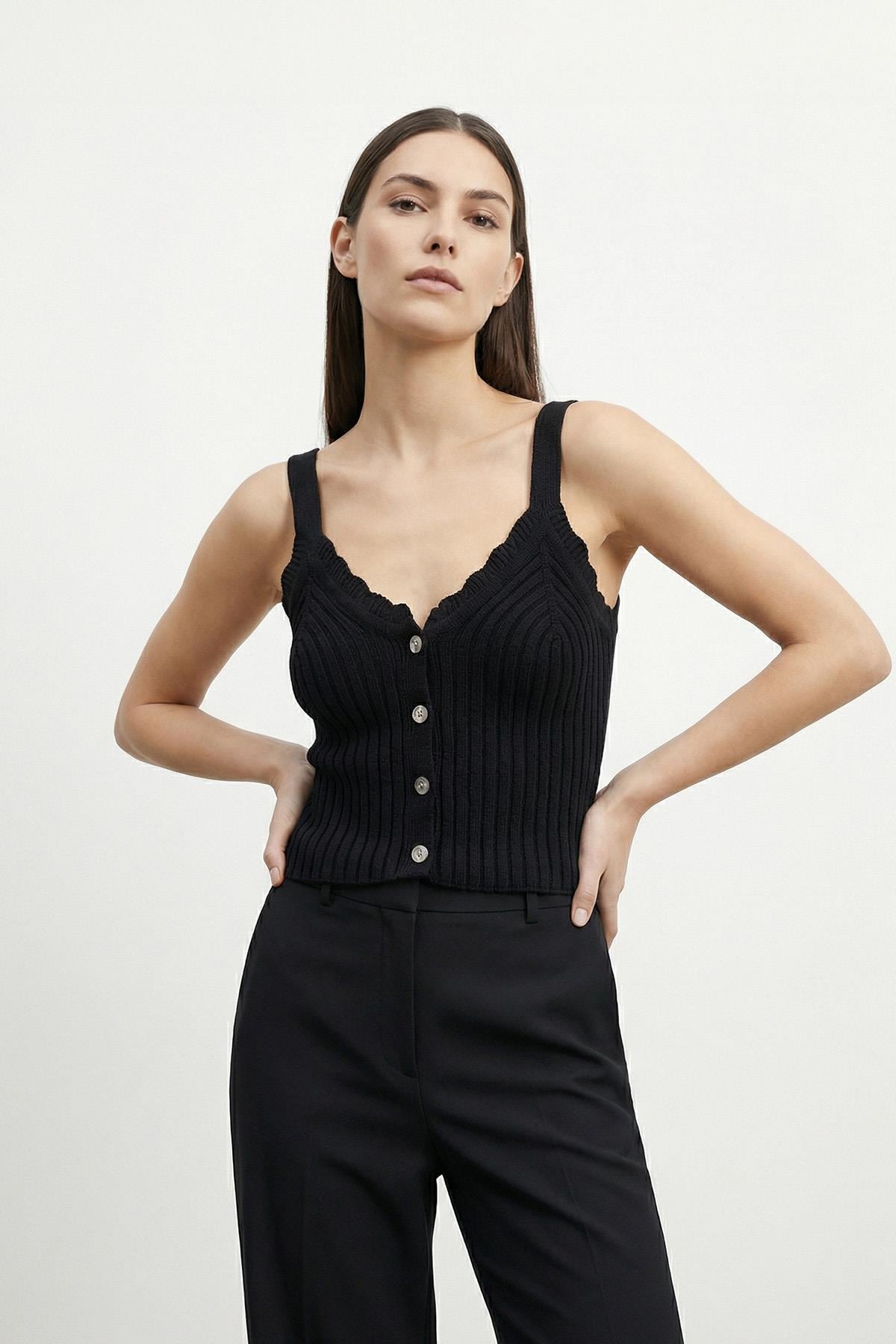 Kadın Askılı Triko Bluz  - 31725BLZ - BLACK