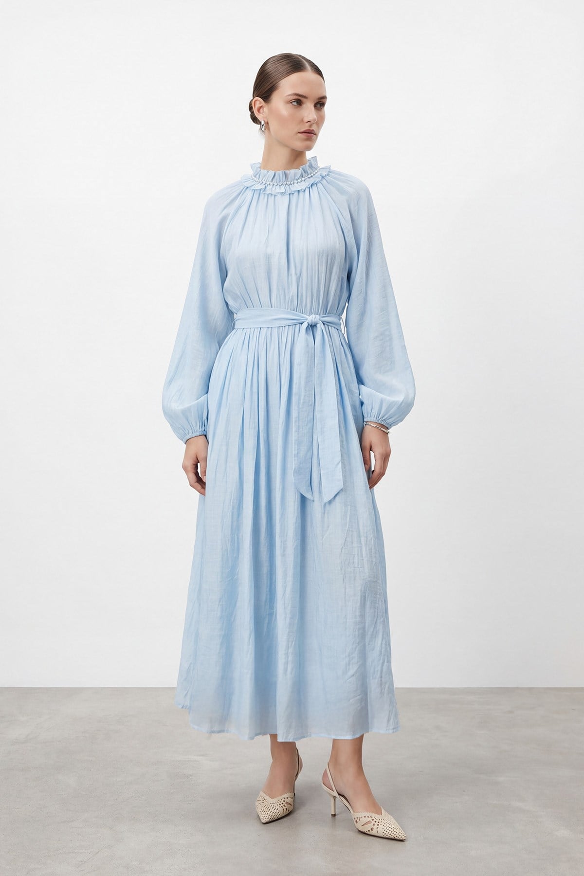 Kadın Fırfır Yaka Bağlama Detaylı Uzun Elbise – 32486ELB - BLUE