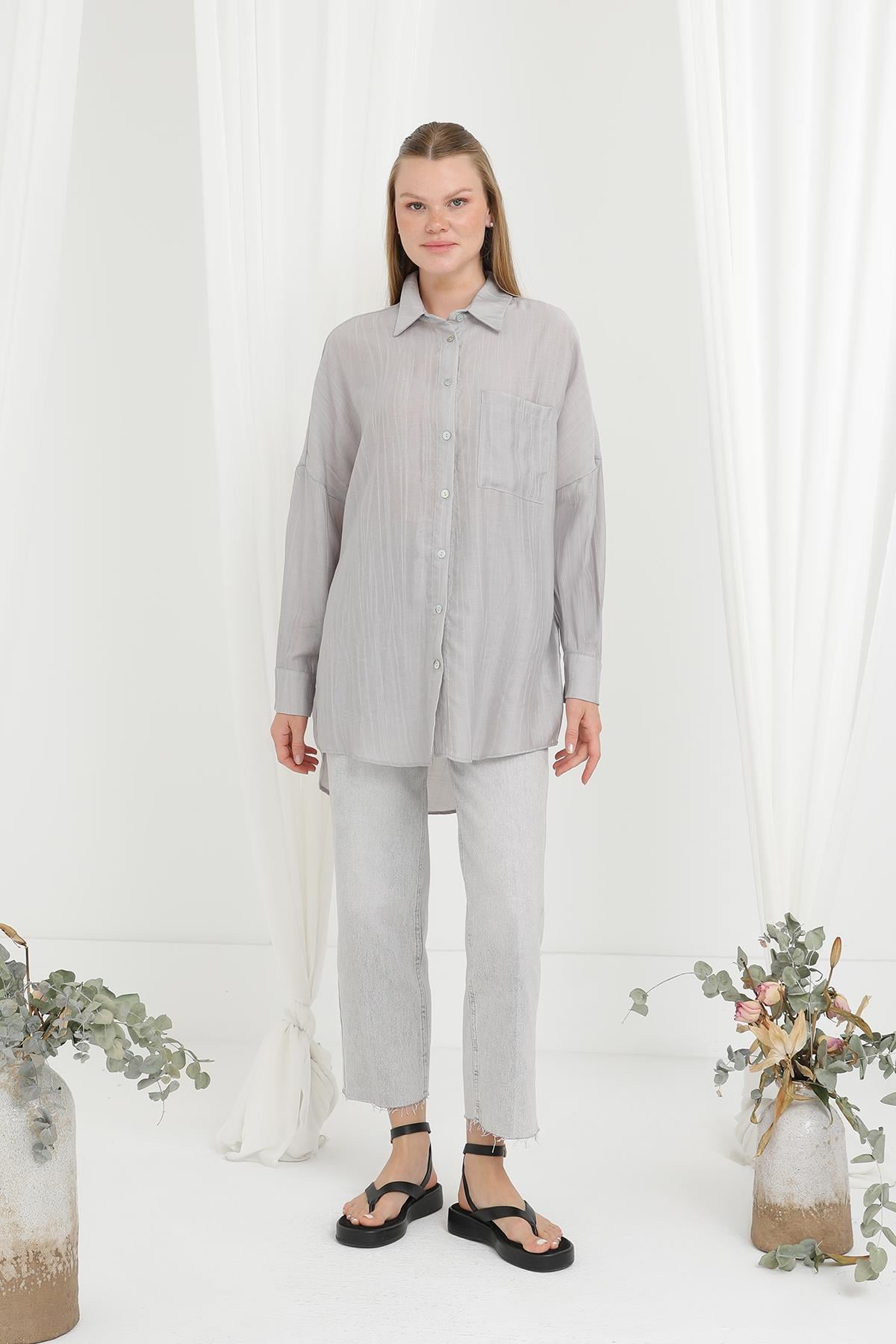 Kadın Sedef Düğmeli Arkası Roba Detaylı Gömlek - 20645GML - GREY