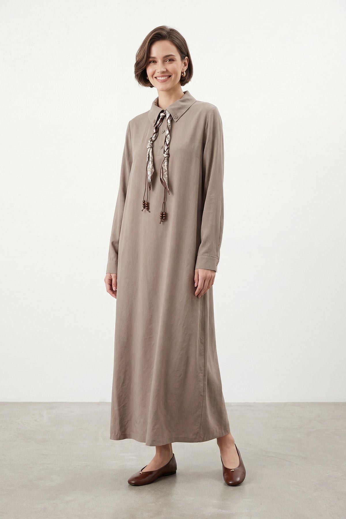 Kadın Fular Detaylı Uzun Elbise – 12692ELB - MINK