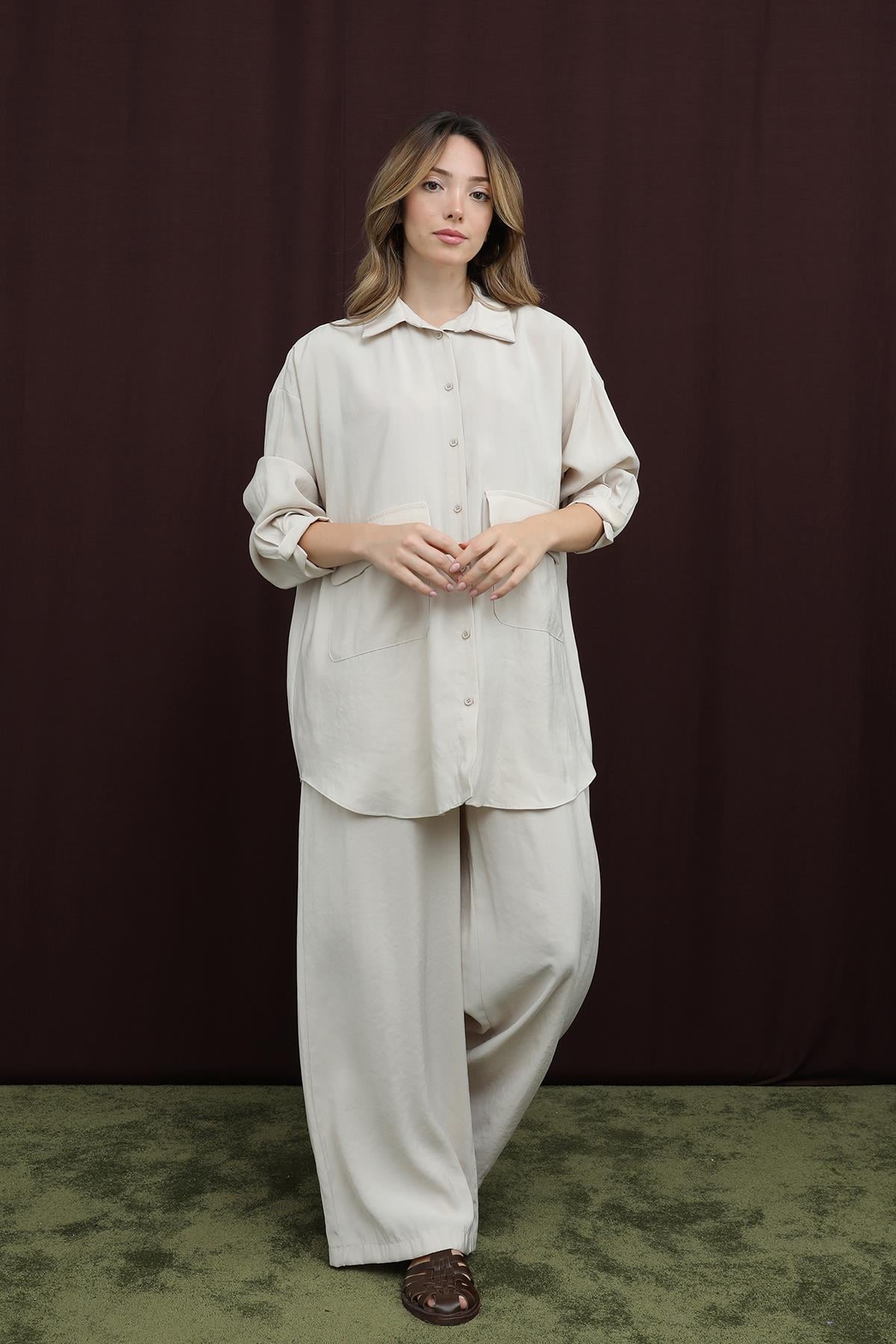 Kadın Cep Detaylı Takım -14361TKS - STONE