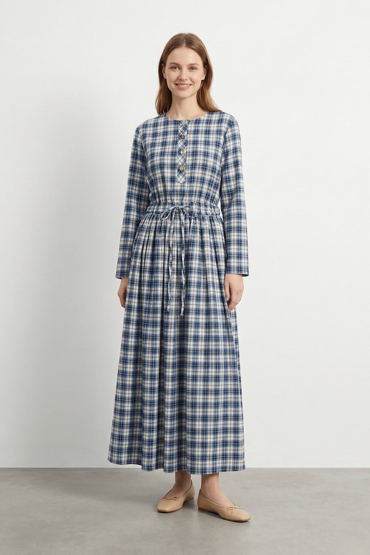 Kadın Gömlek Yaka Düğmeli Ekoseli Pamuklu Elbise – 32507ELB - BLUE