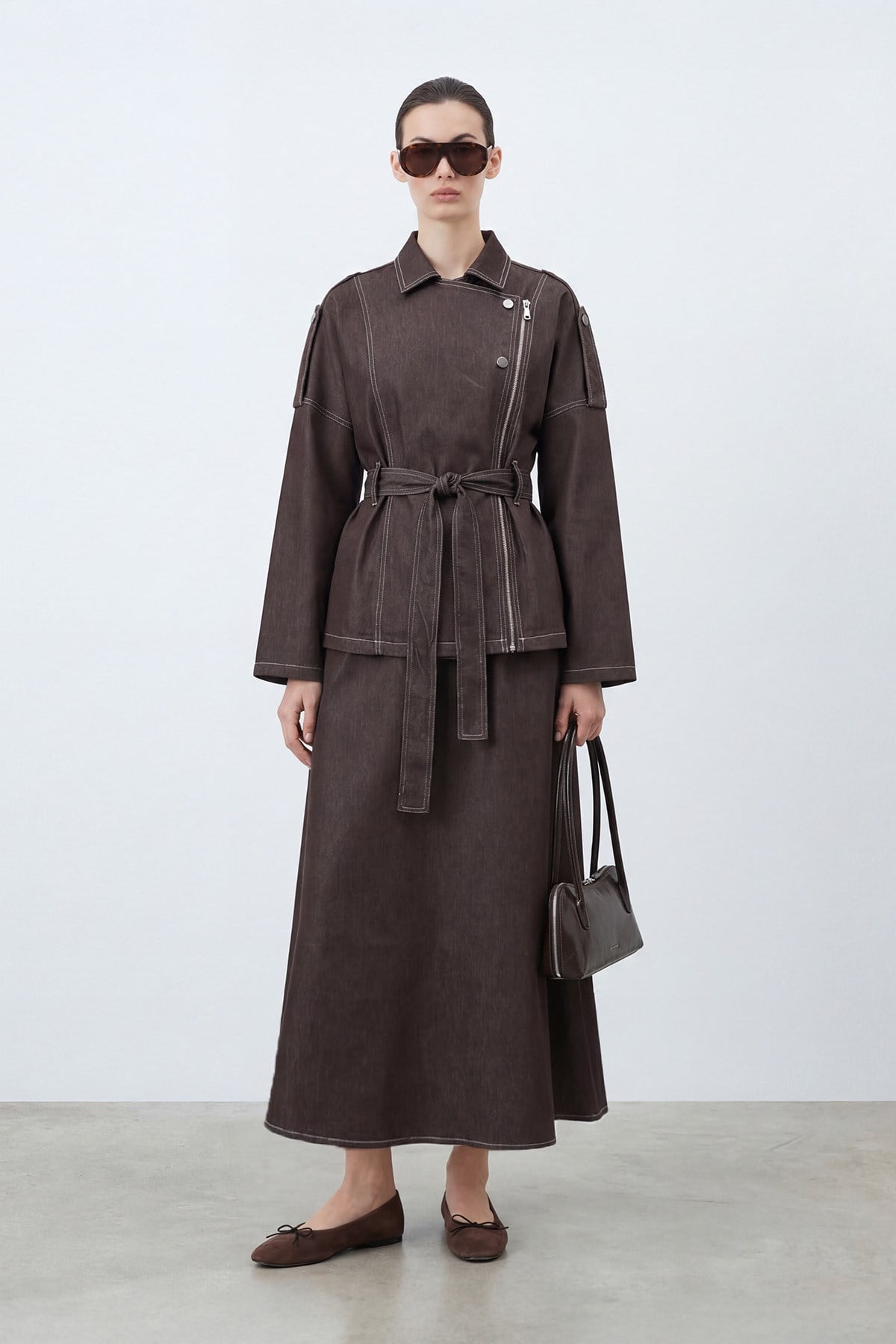 Kadın Fermaur Detaylı Kuşaklı Denim Takım– 20775TKS - BROWN