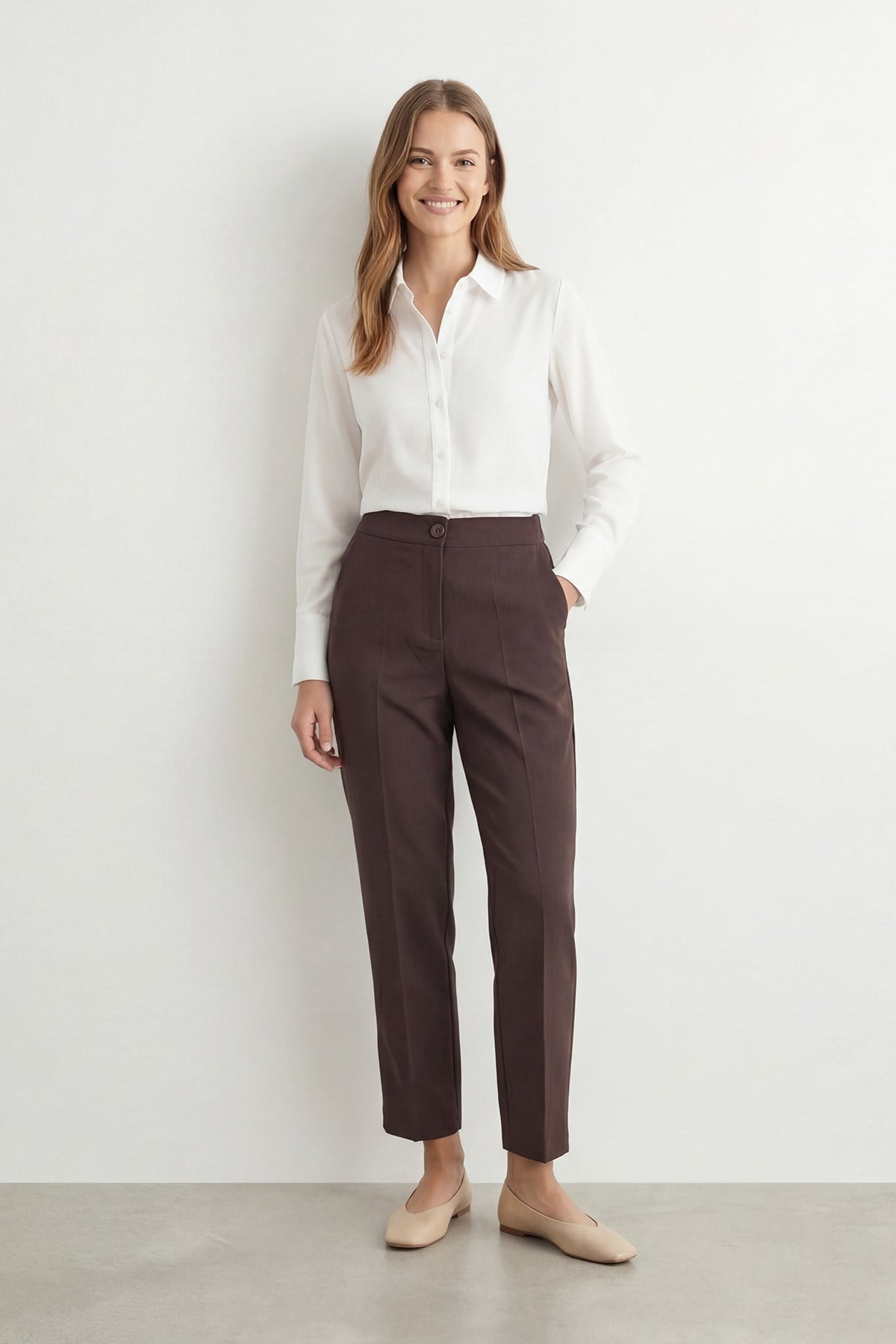 Kadın Klasik Kesim Yüksek Bel Kumaş Pantolon-M1819PNT - BROWN