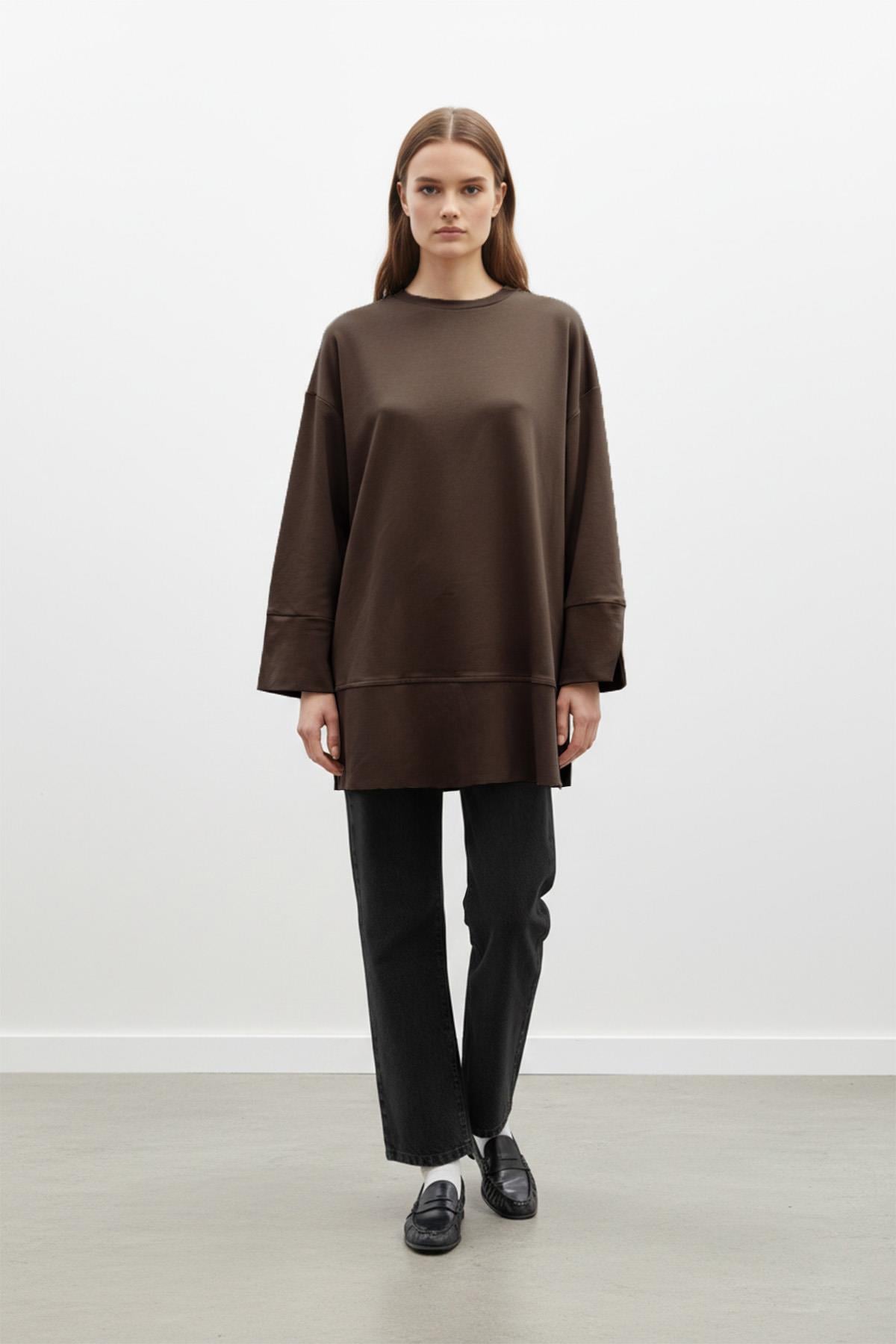 Kadın Bisiklet Yaka Düşük Omuz Örme Tunik -20735TUN - BROWN