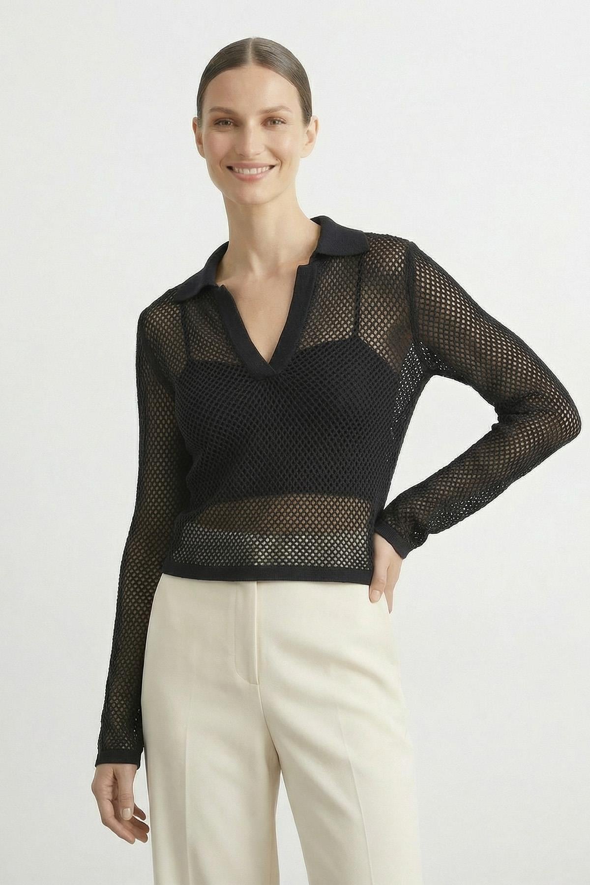 Kadın Simli V Yaka Delikli Bluz  - 31729BLZ - BLACK-BLACK