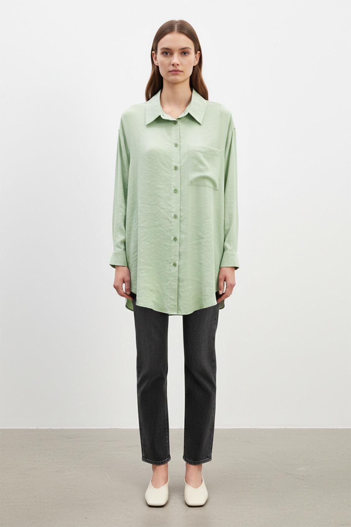 Kadın Cep Detaylı Basic Gömlek Tunik - 10677TUN - ALMOND GREEN