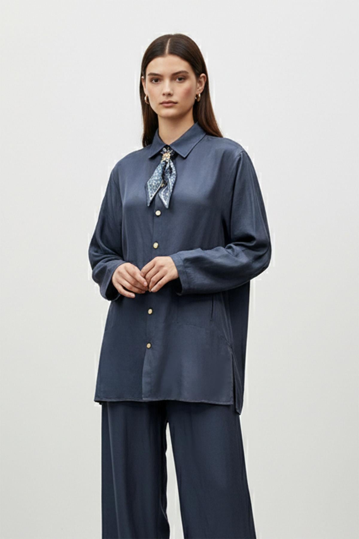 Kadın Şal Detaylı Düğmeli Rahat Kesim Takım – 14449TKS - NAVY