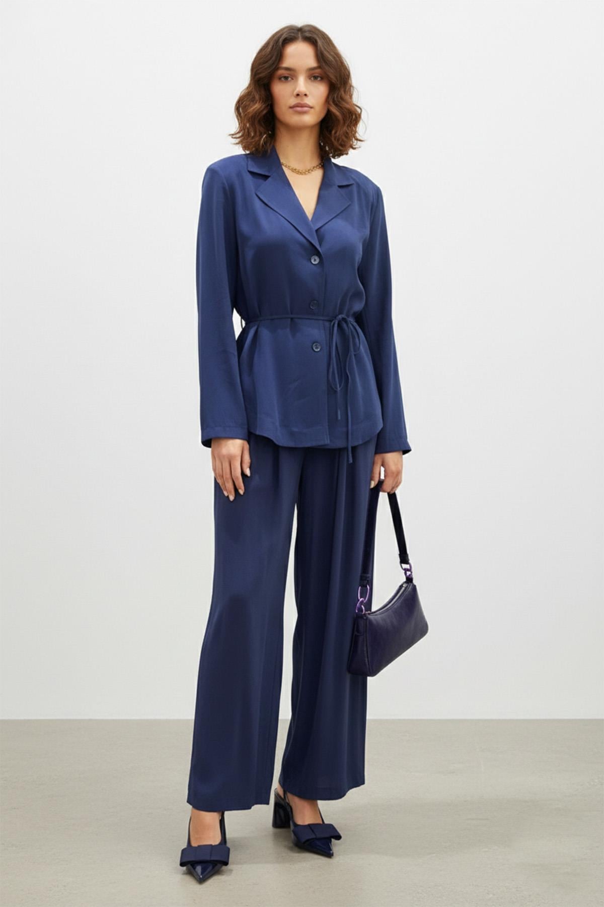 Kadın Kuşaklı Ceket ve Bol Paça Pantolon Takım-32468TKS - NAVY