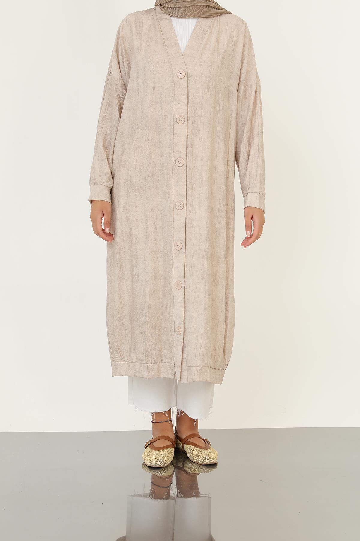 Kadın Önü Düğme Detaylı Uzun Tunik -10703TUN - BEIGE