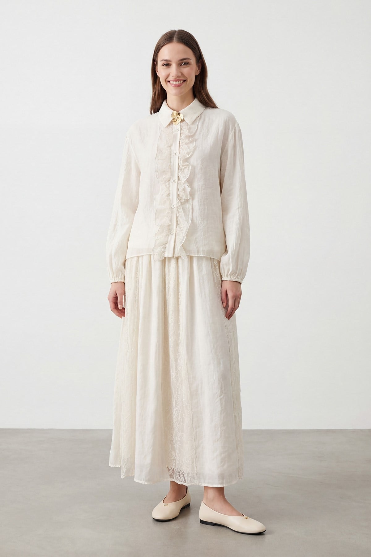 Kadın Dantel Tül Detaylı Etekli Takım – 14467TKS - STONE