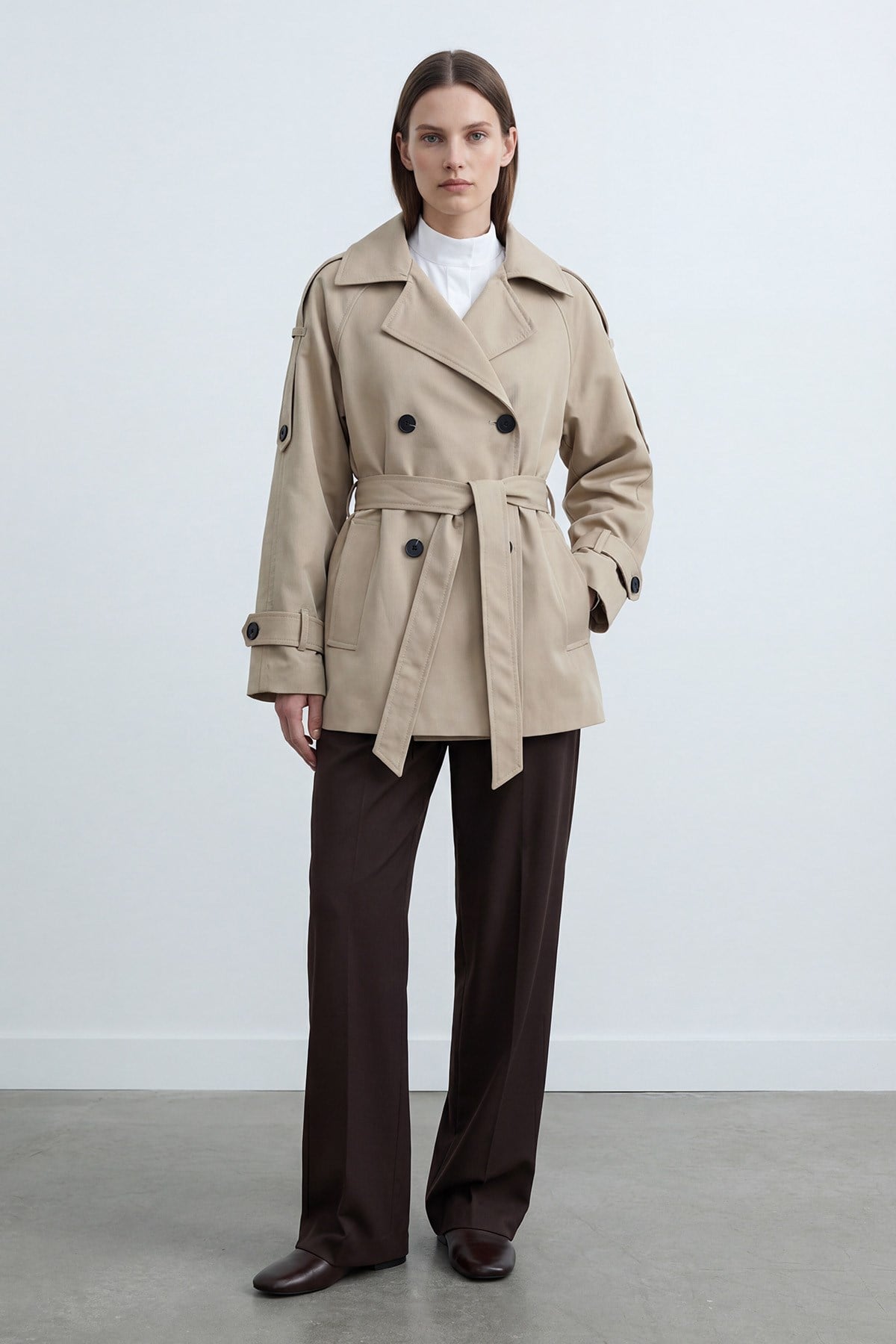 Kadın Kruvaze Yaka Kuşaklı Trençkot  – 32489CKT - BEIGE