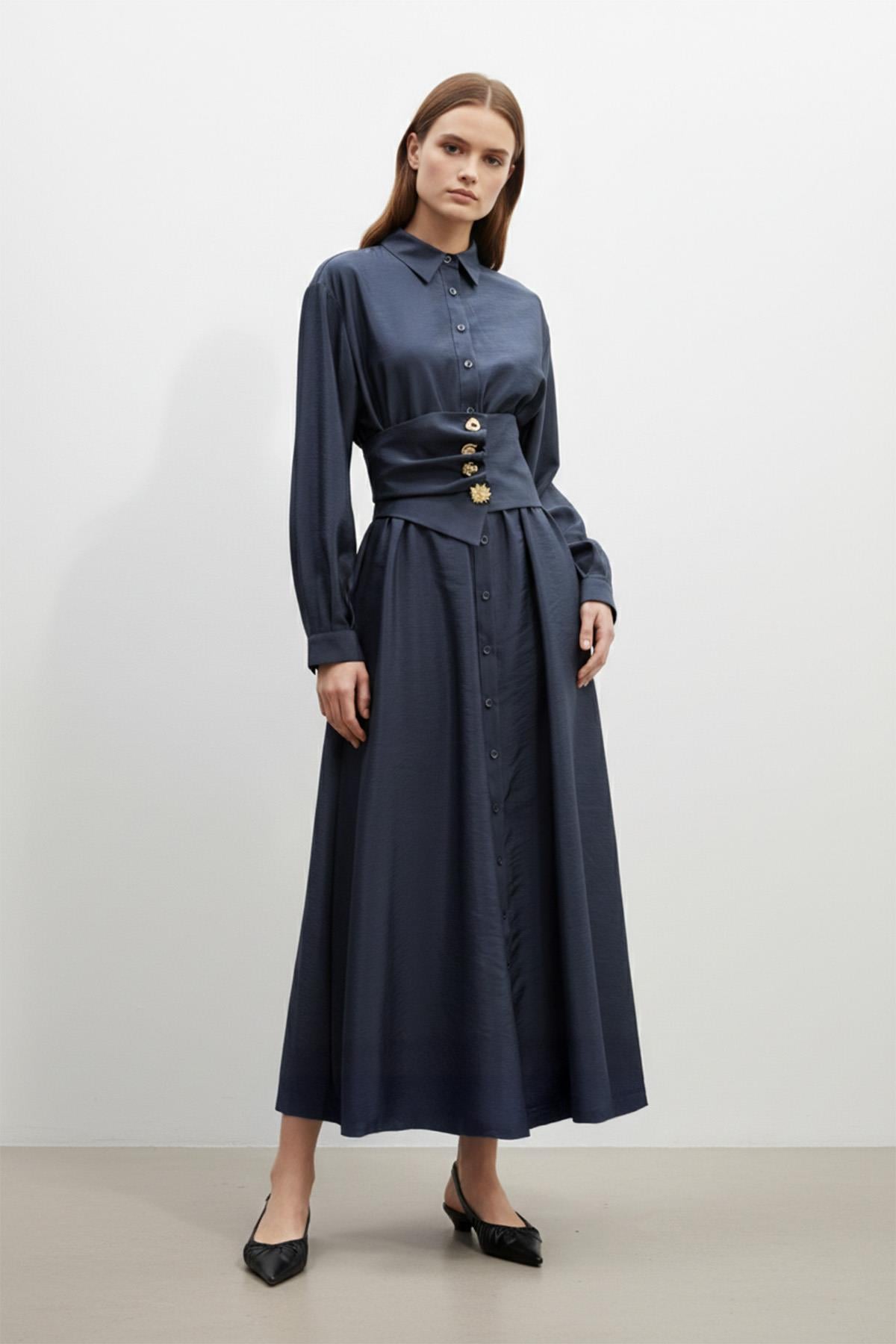 Kadın Gömlek Yaka Düğmeli Belden Toparlayıcı Uzun Elbise-32455ELB - NAVY