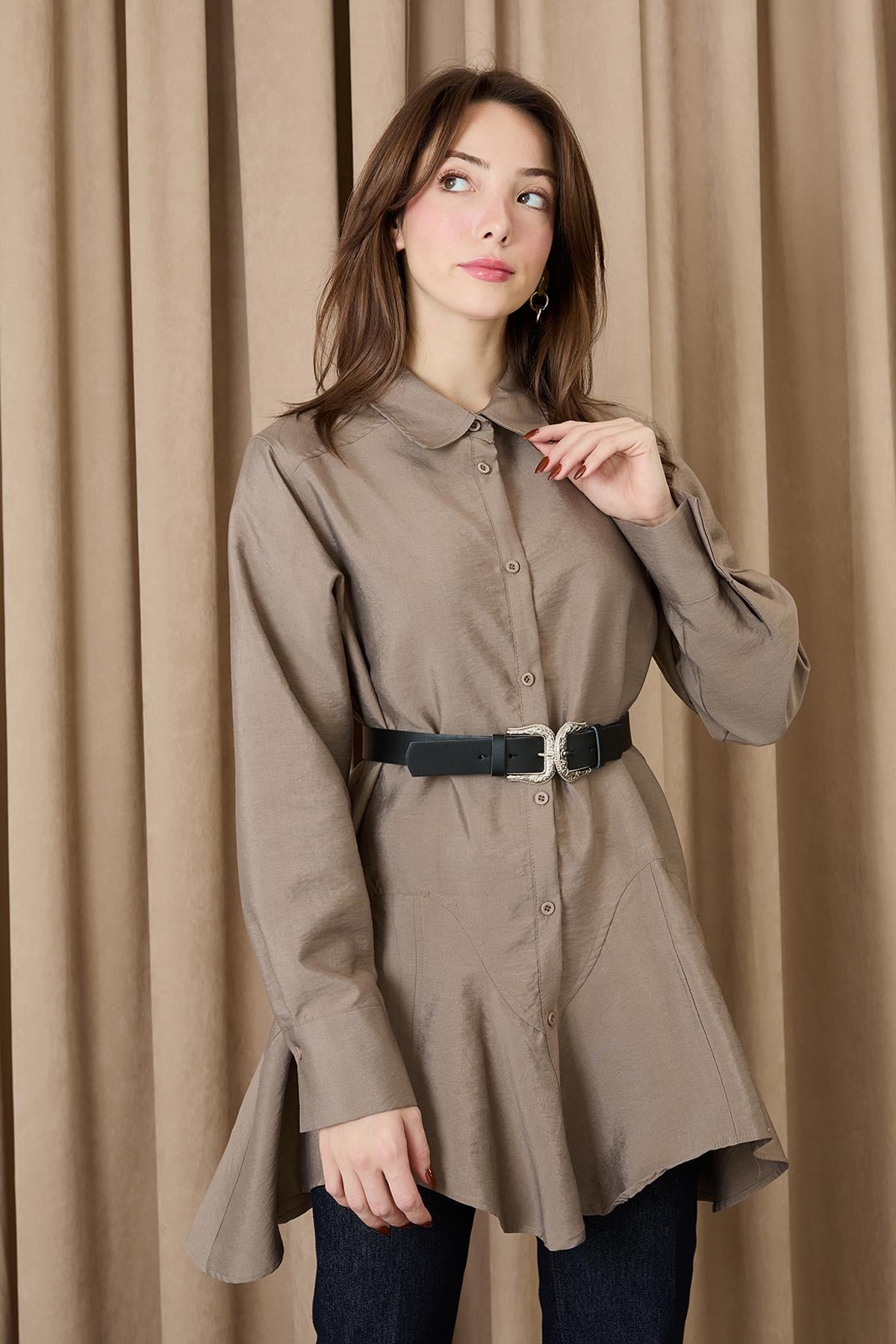 Kadın Dikiş Detaylı Kemerli Gömlek - 20708GML - MINK