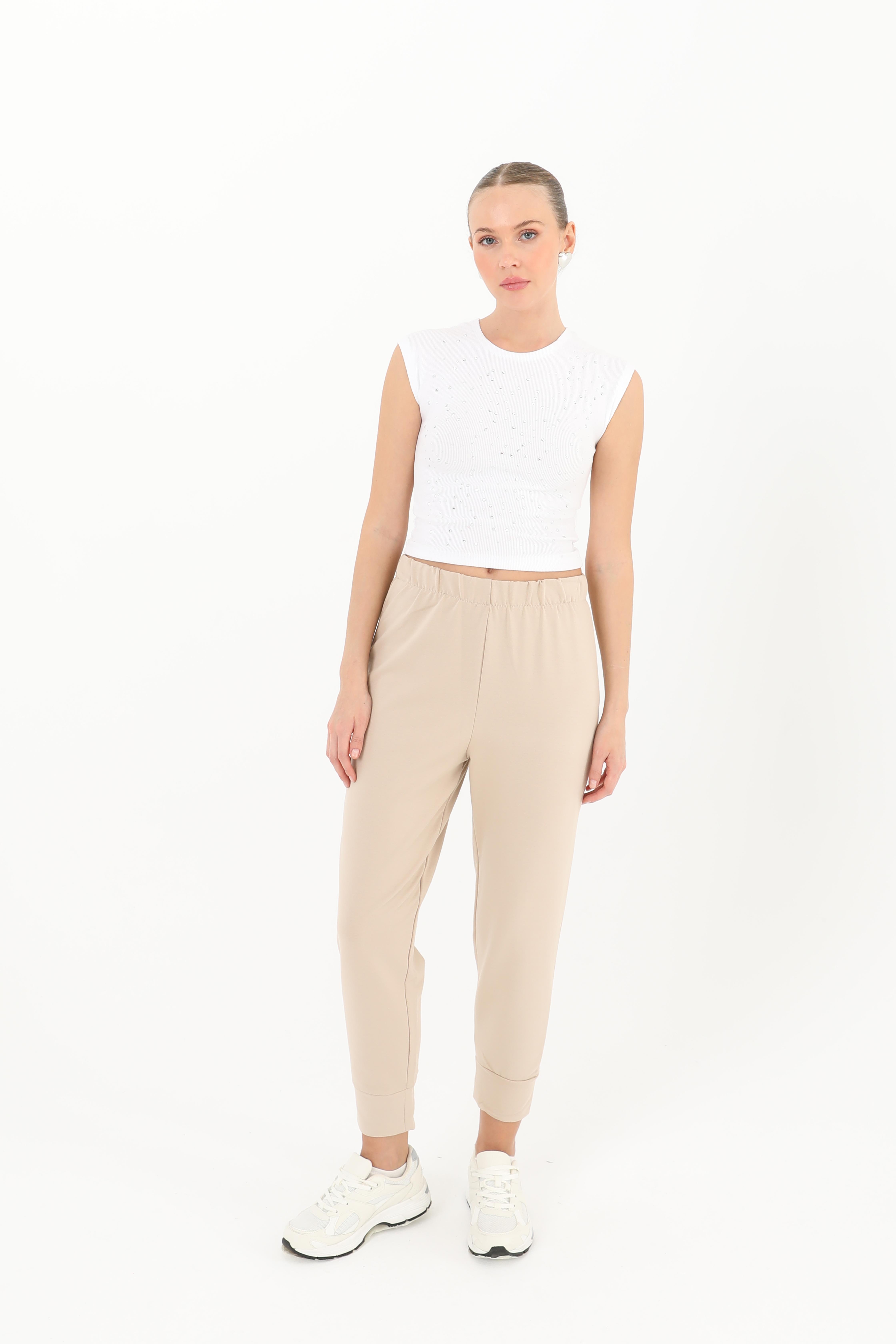 Kadın Ribana Detaylı Eşofman Altı - 30189PNT - DARK BEIGE