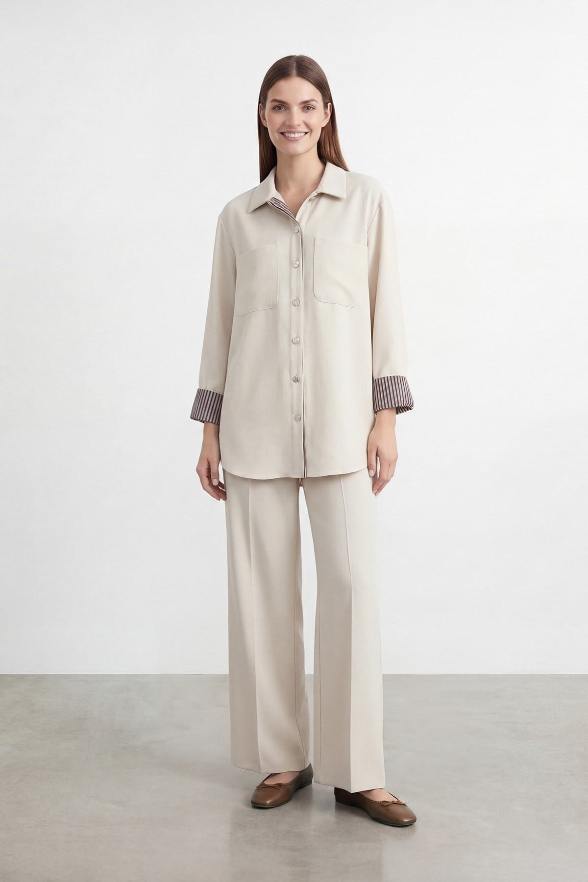 Kadın Gömlek Yaka Garni Detaylı Tunik Pantolon Takım – 14464TKS - STONE