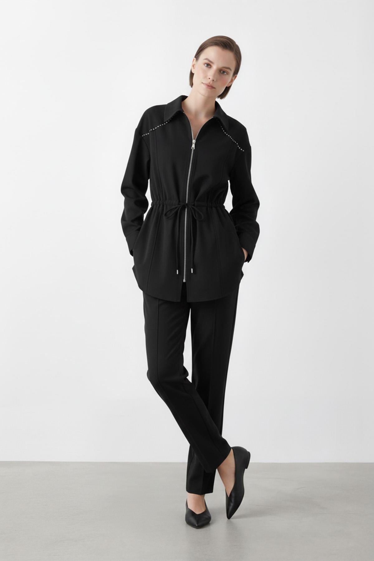 Kadın Fermuarlı Yaka Belden Bağcıklı İkili Takım - 14431 - BLACK