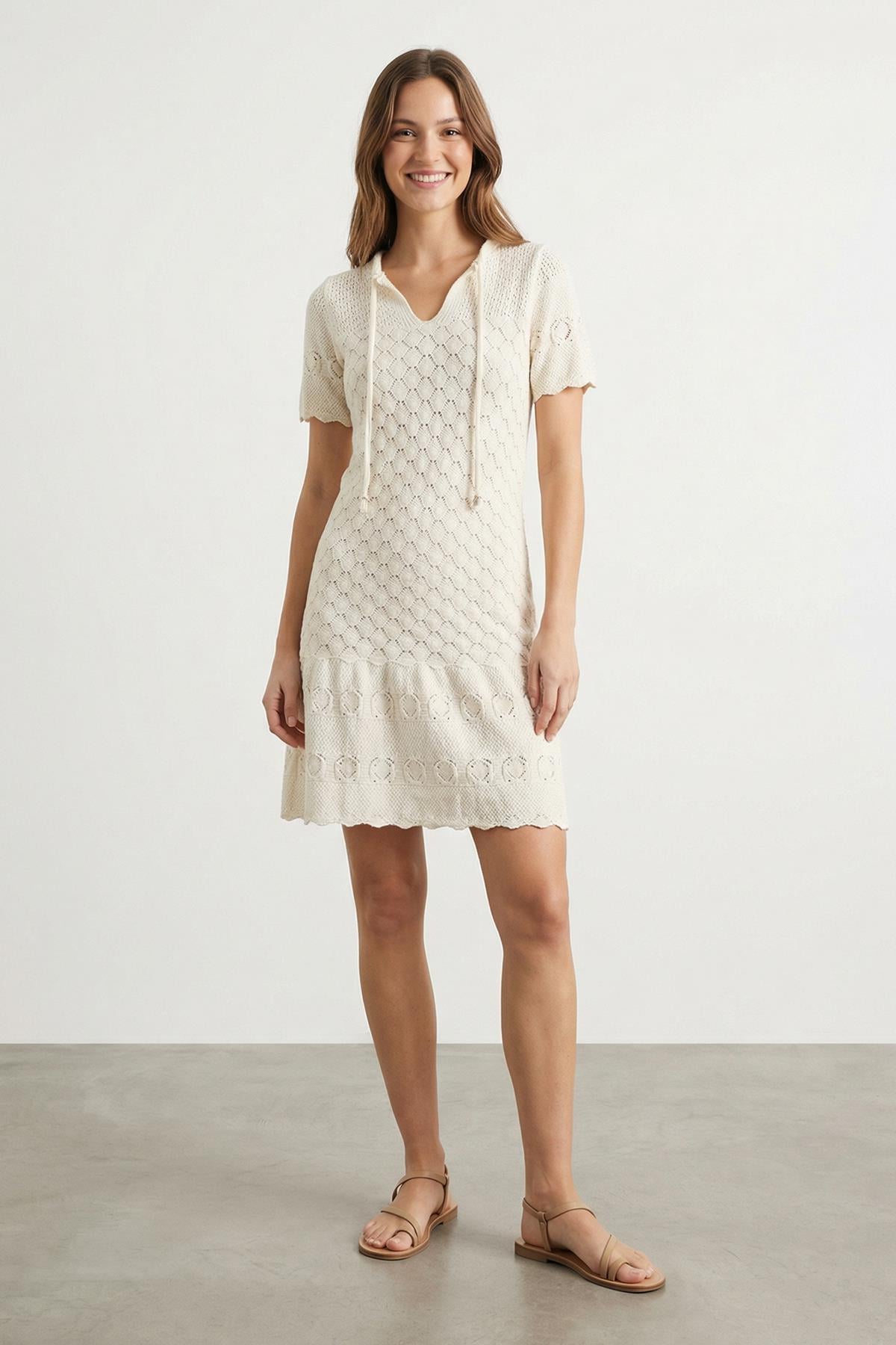 Kadın Brodeli Mini Elbise  - 31733ELB - BEIGE