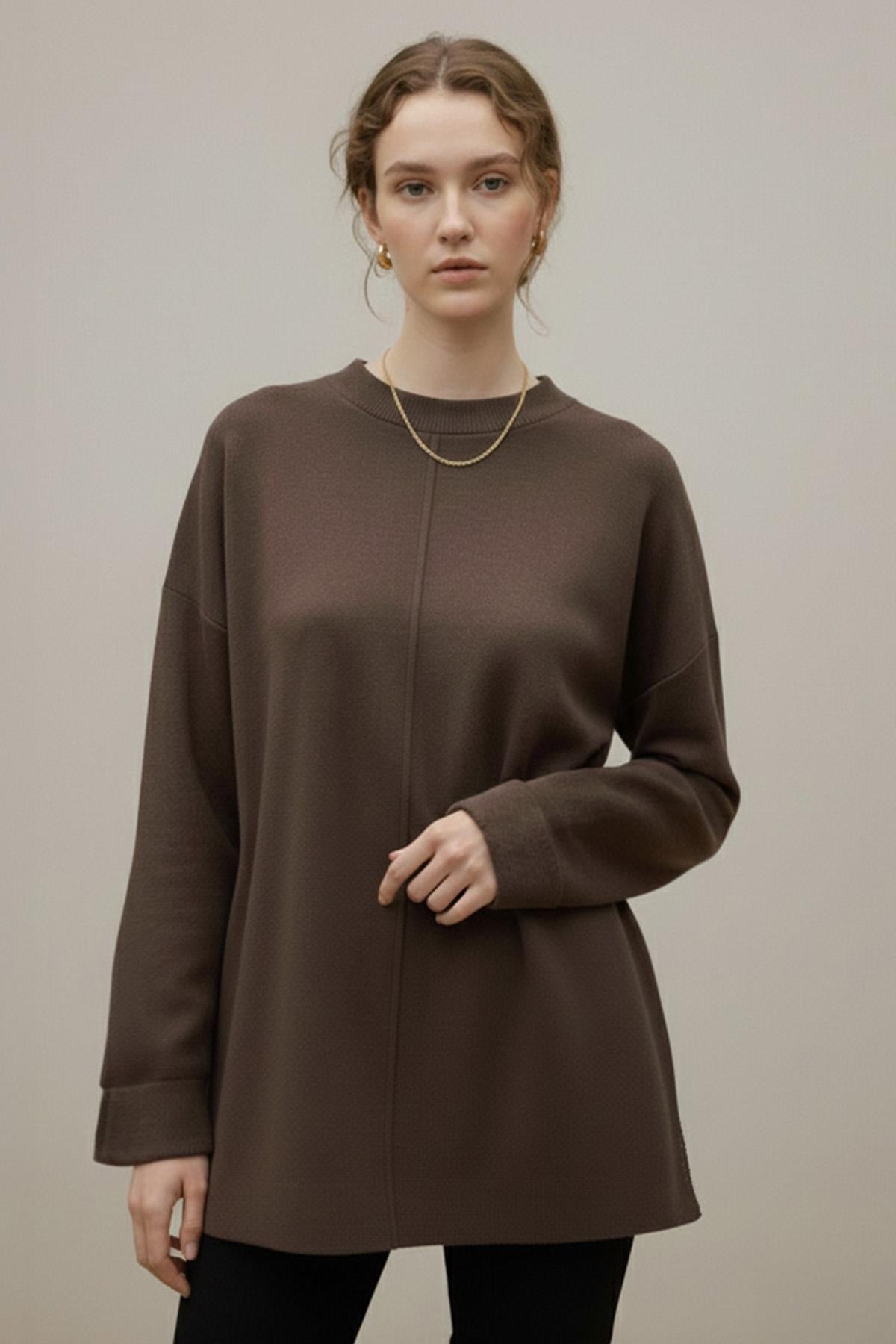 Kadın Kuşaklı Minimal Örme Tunik – 20725TBLZ - BROWN