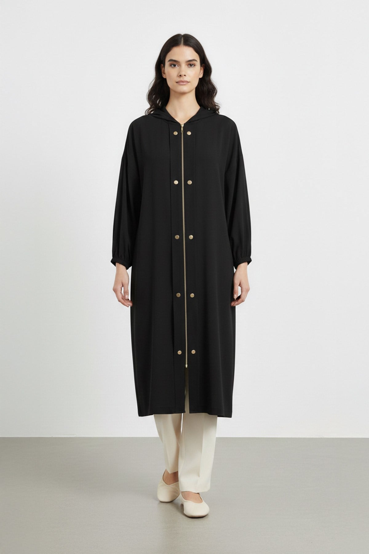 Kapüşonlu Fermuarlı uzun Kadın Kap-15251 - BLACK