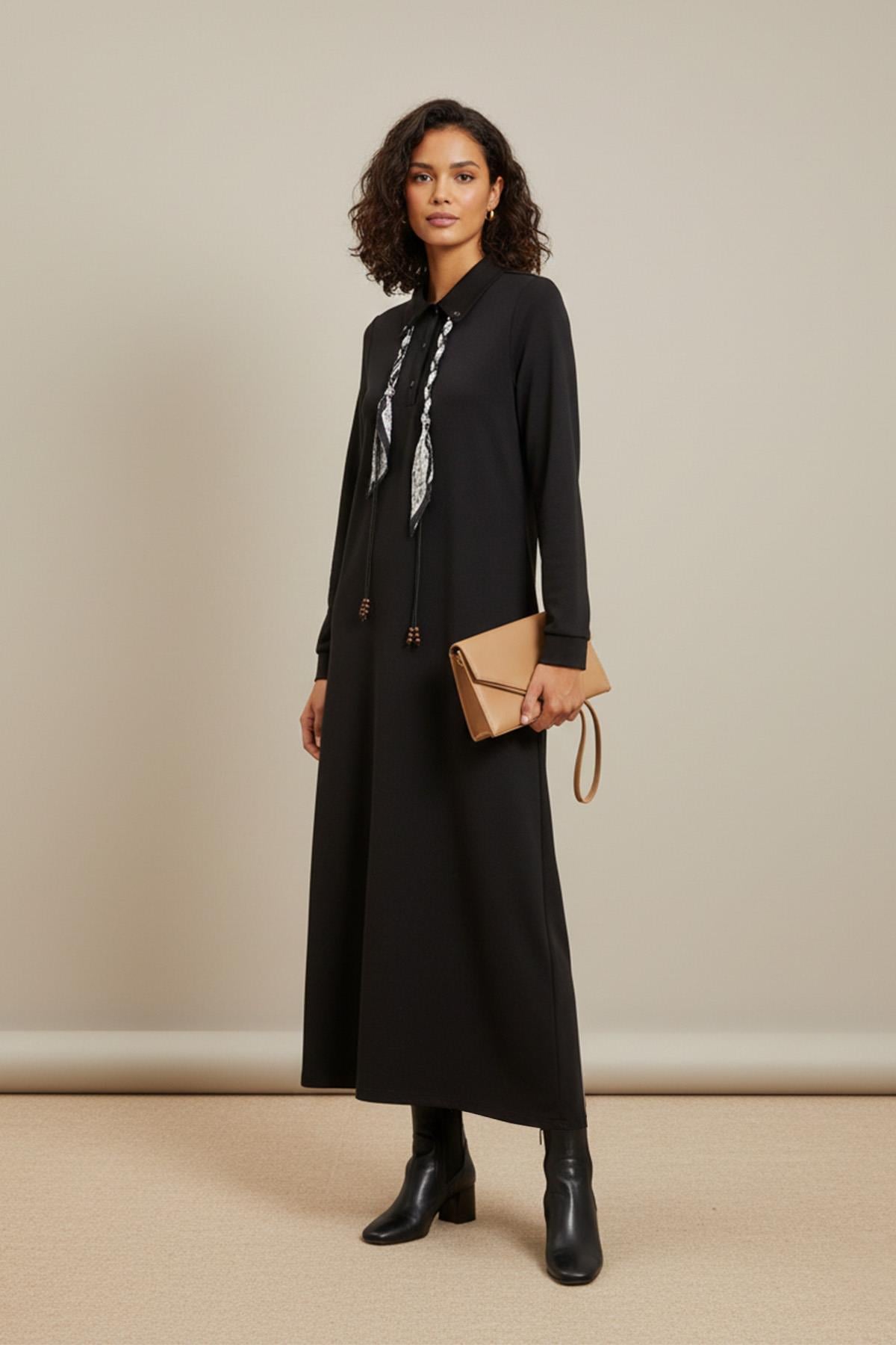 Kadın Fular Detaylı Polo Yaka Rahat Kesim  Elbise – 12669ELB - BLACK