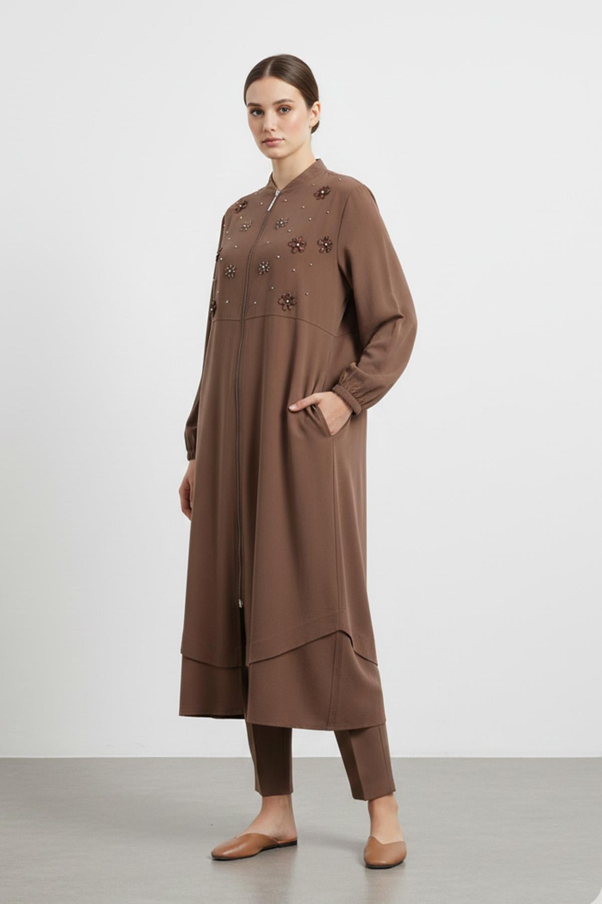 Kadın Fermuarlı Yaka Düz Kesim Uzun Hırka-15253HRK - BROWN