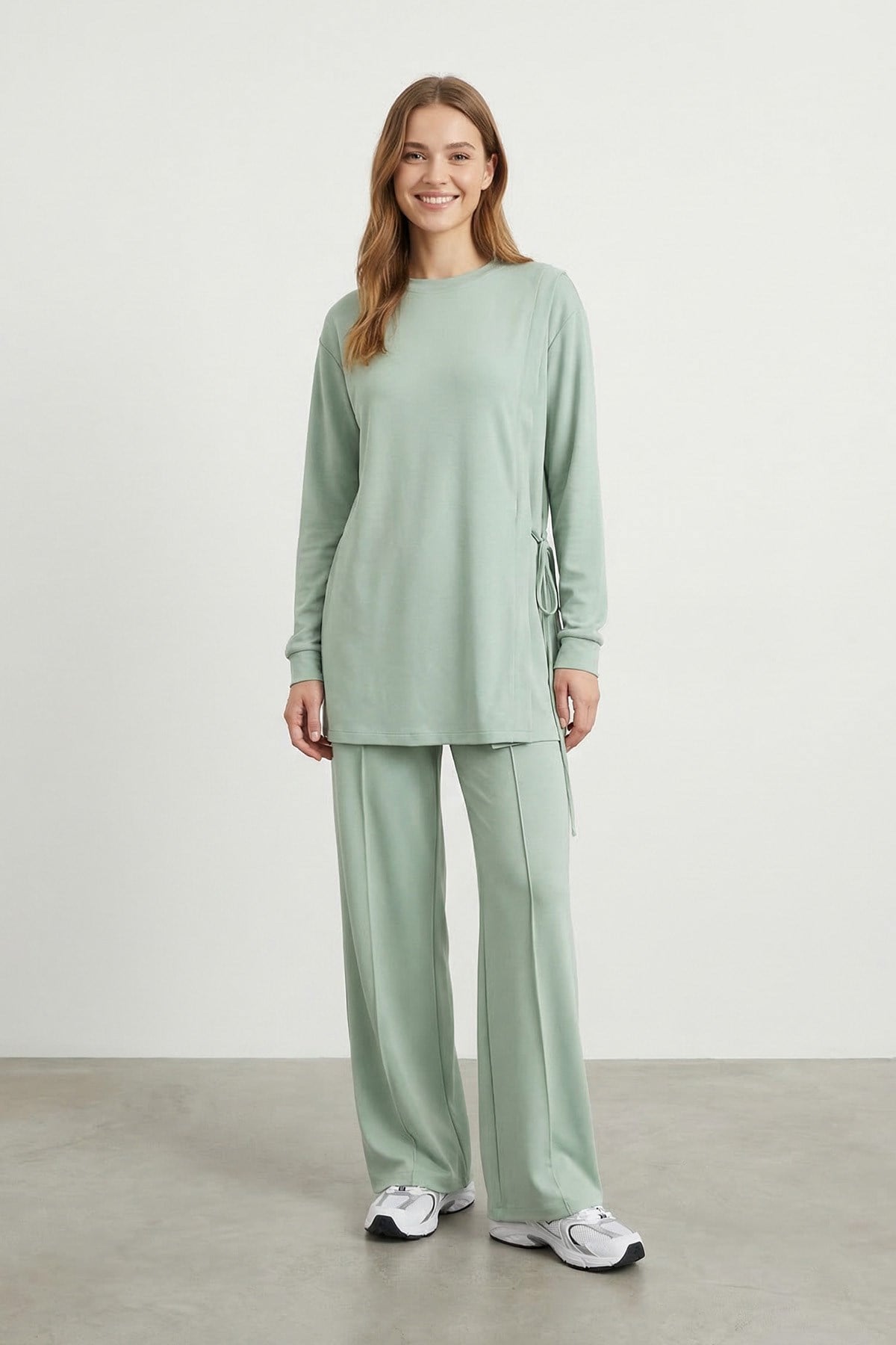 Kadın Yan Bağlama Detaylı Bisiklet Yaka Tunik Pantolon Takım – 14479TKS - MINT