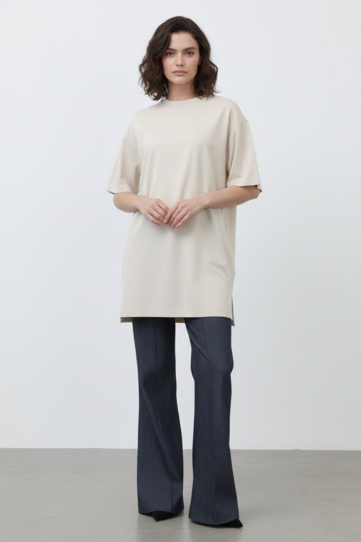 Kadın Uzun Bol Kesim Tshirt - 40009TSH - BEIGE