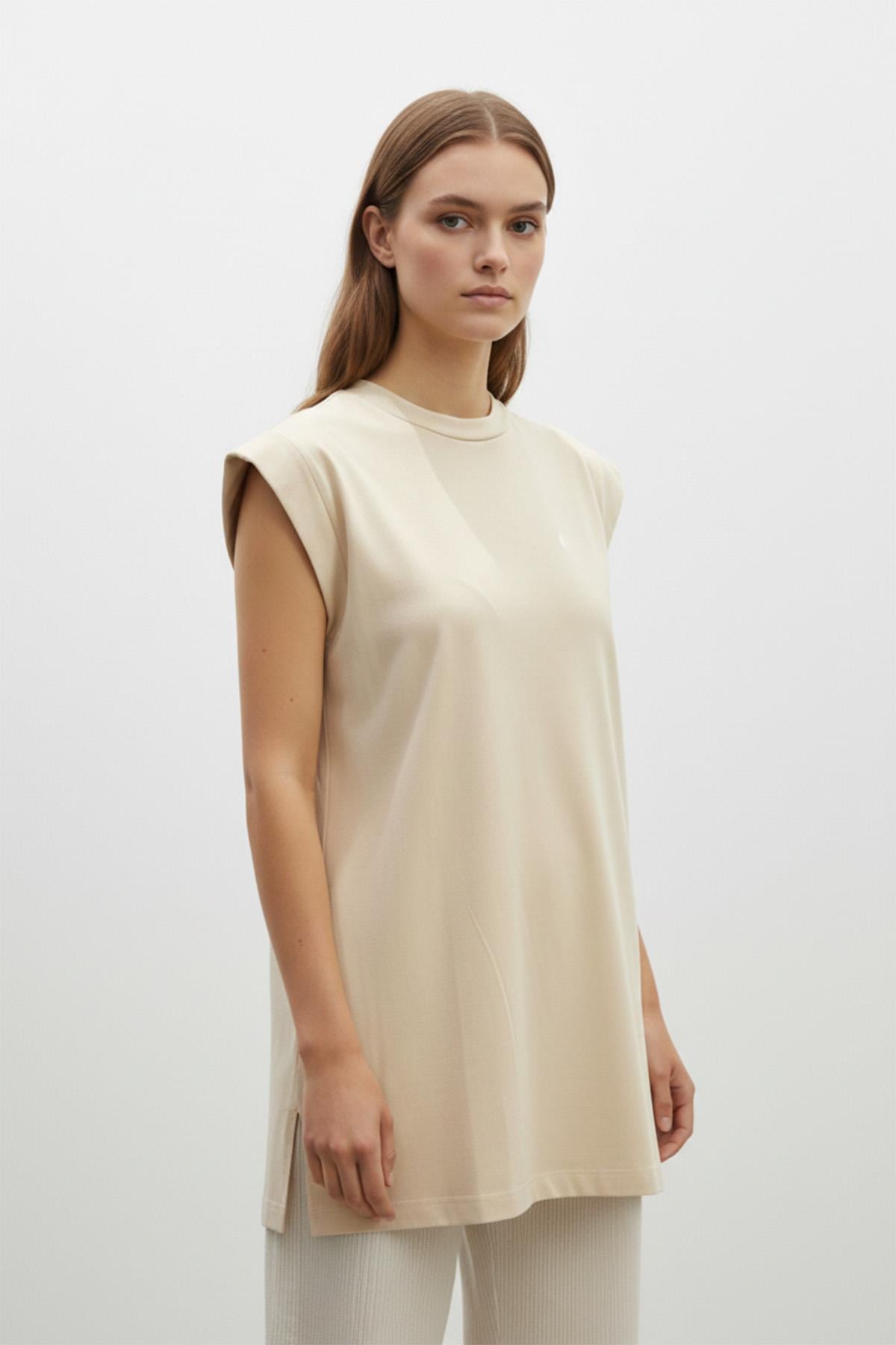 Minimal Kesim Oversize T-Shirt-40016 - BEIGE