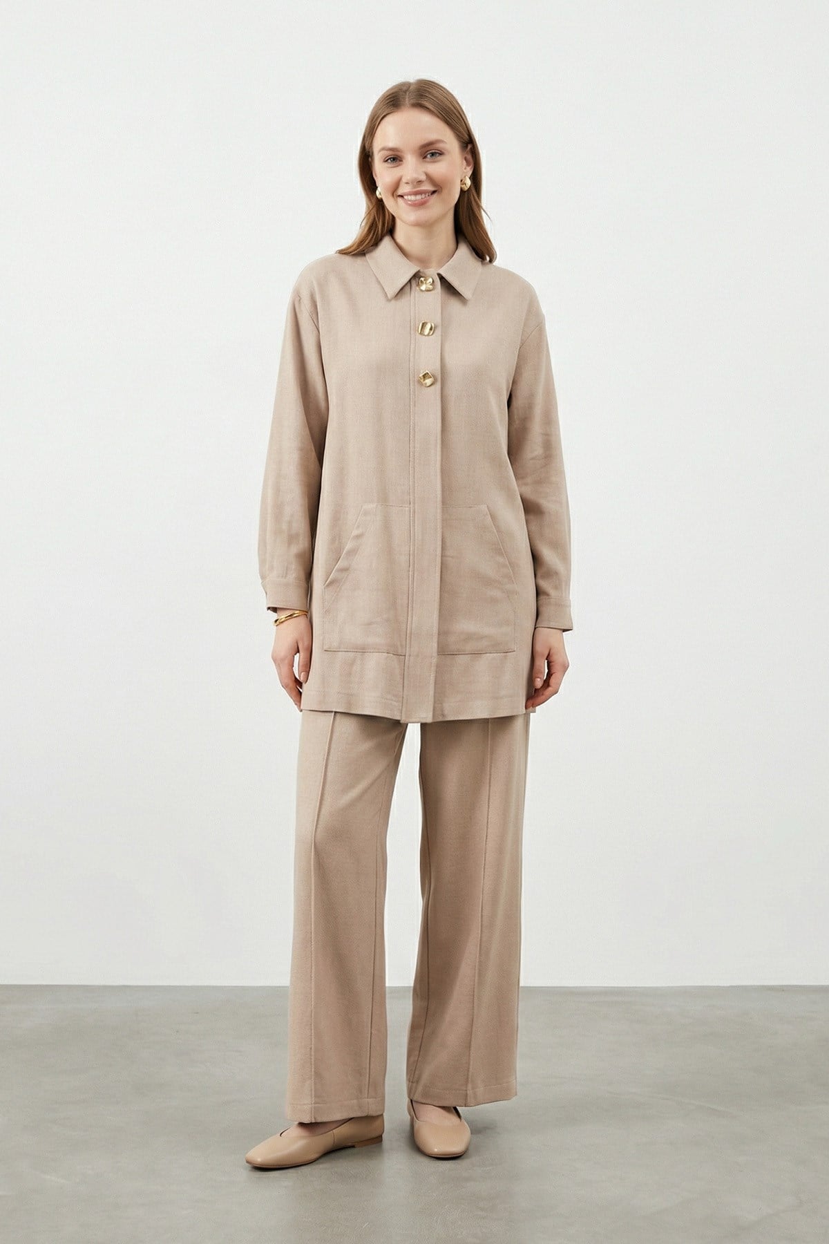 Kadın %100 Pamuklu Rahat Kesim Pantolon Takım - 20741TKS - MINK