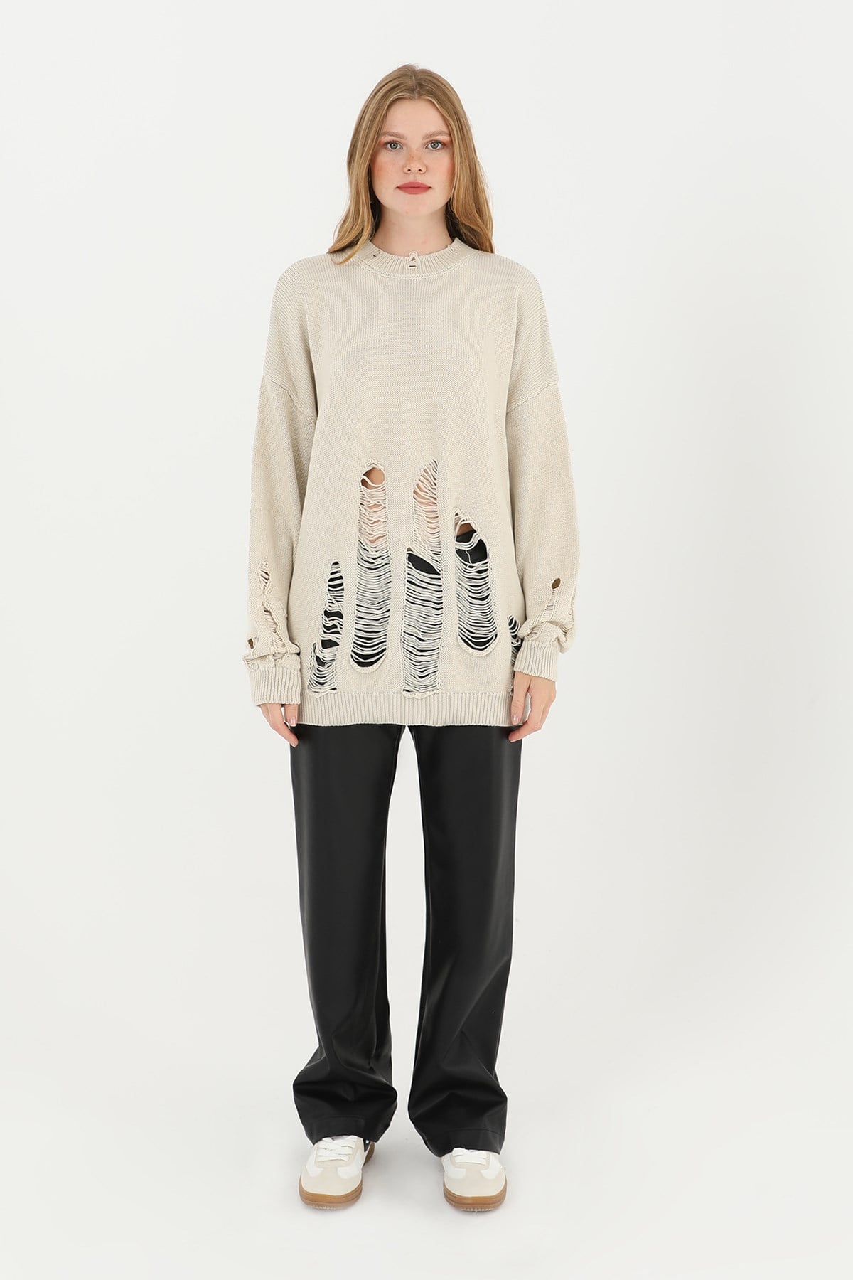 Kadın Yırtıklı Triko Tunik  - 32034TUN - BEIGE