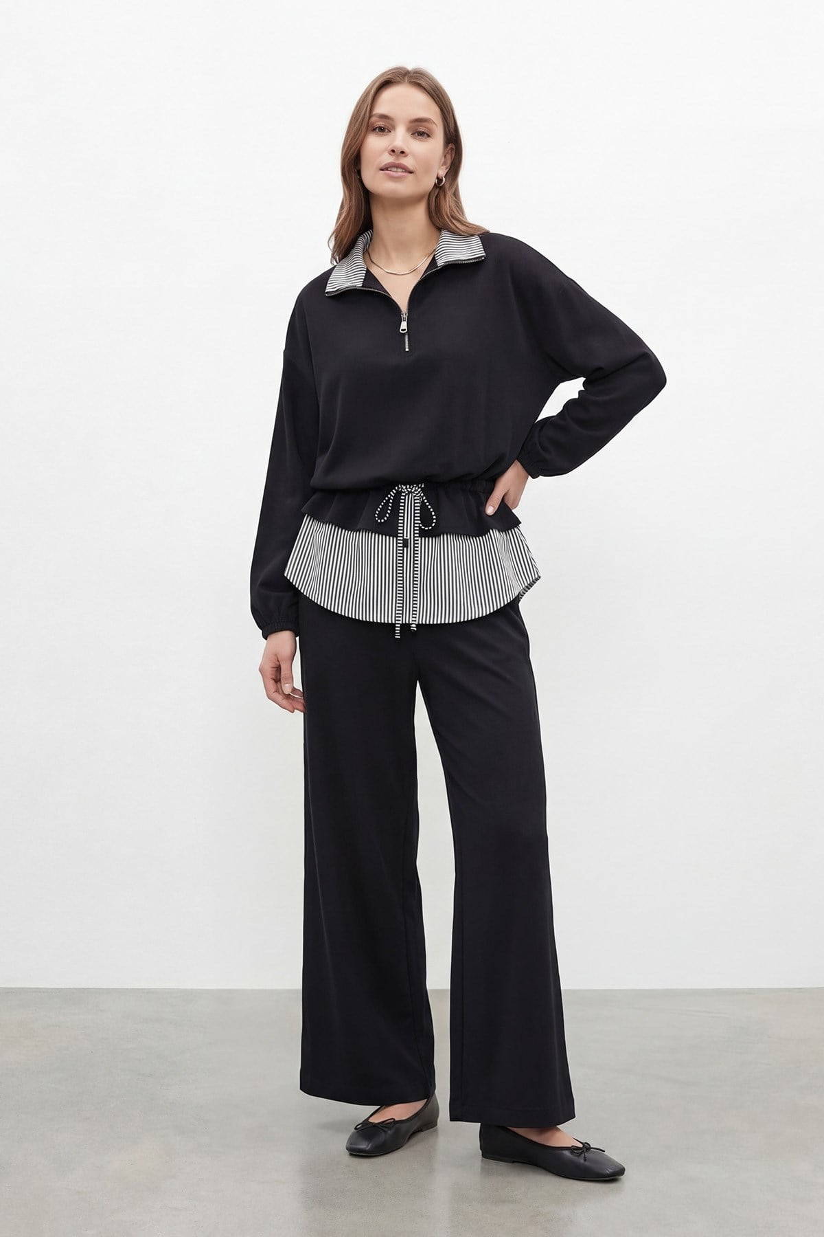 Kadın Düz Desenli Dokuma Tunik Pantolon Takım – 32462TKS - BLACK