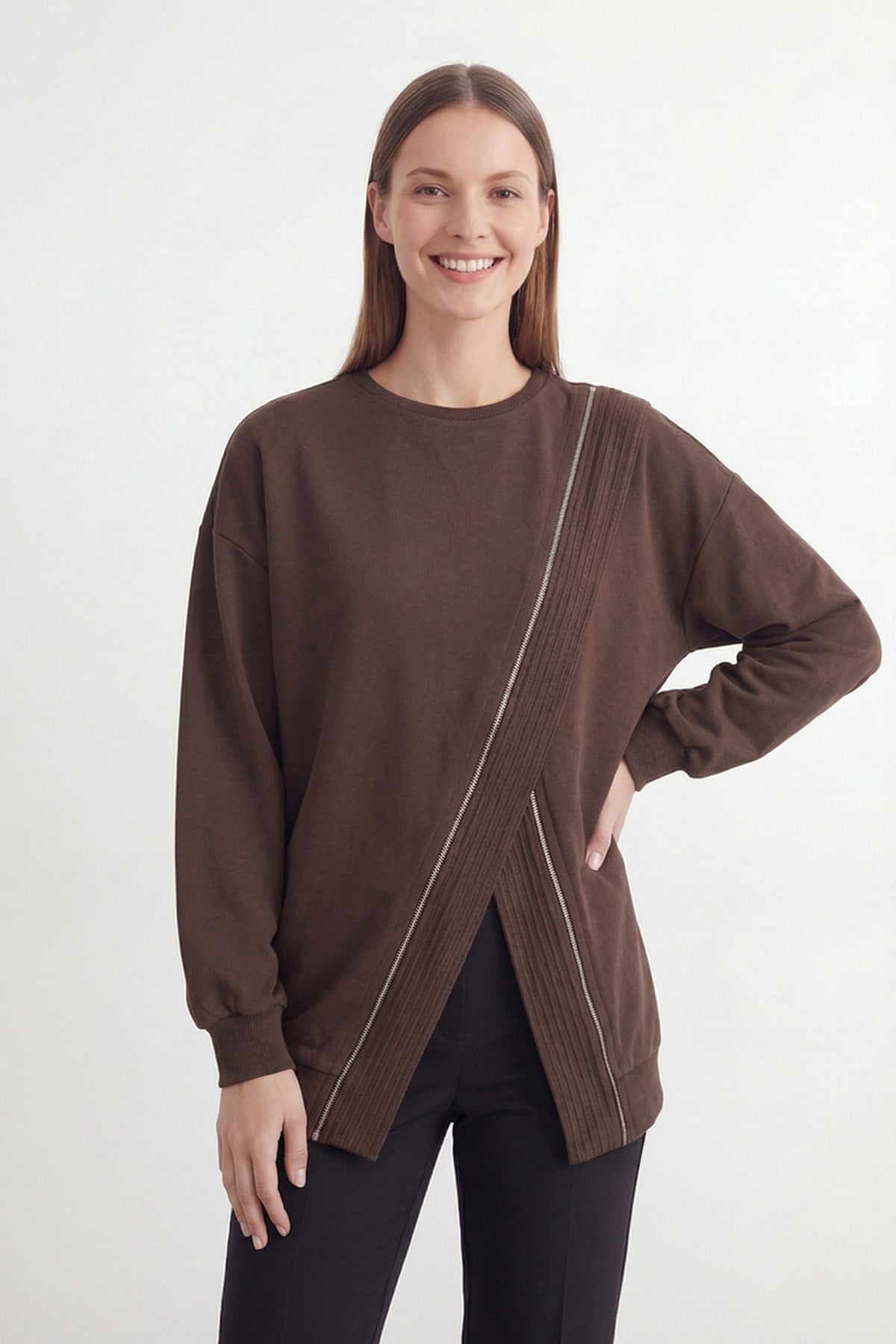 Kadın Çapraz Fermuar Detaylı Rahat Tunik – 10771TUN - BROWN