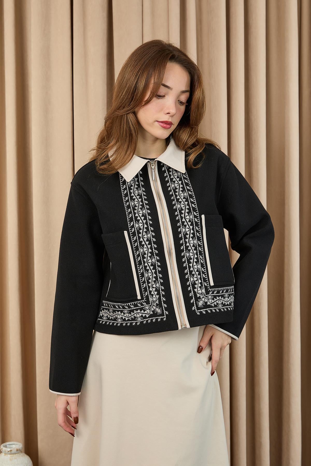 Kadın Nakış Detaylı Kısa Ceket - 20719CKT - BLACK-BEIGE