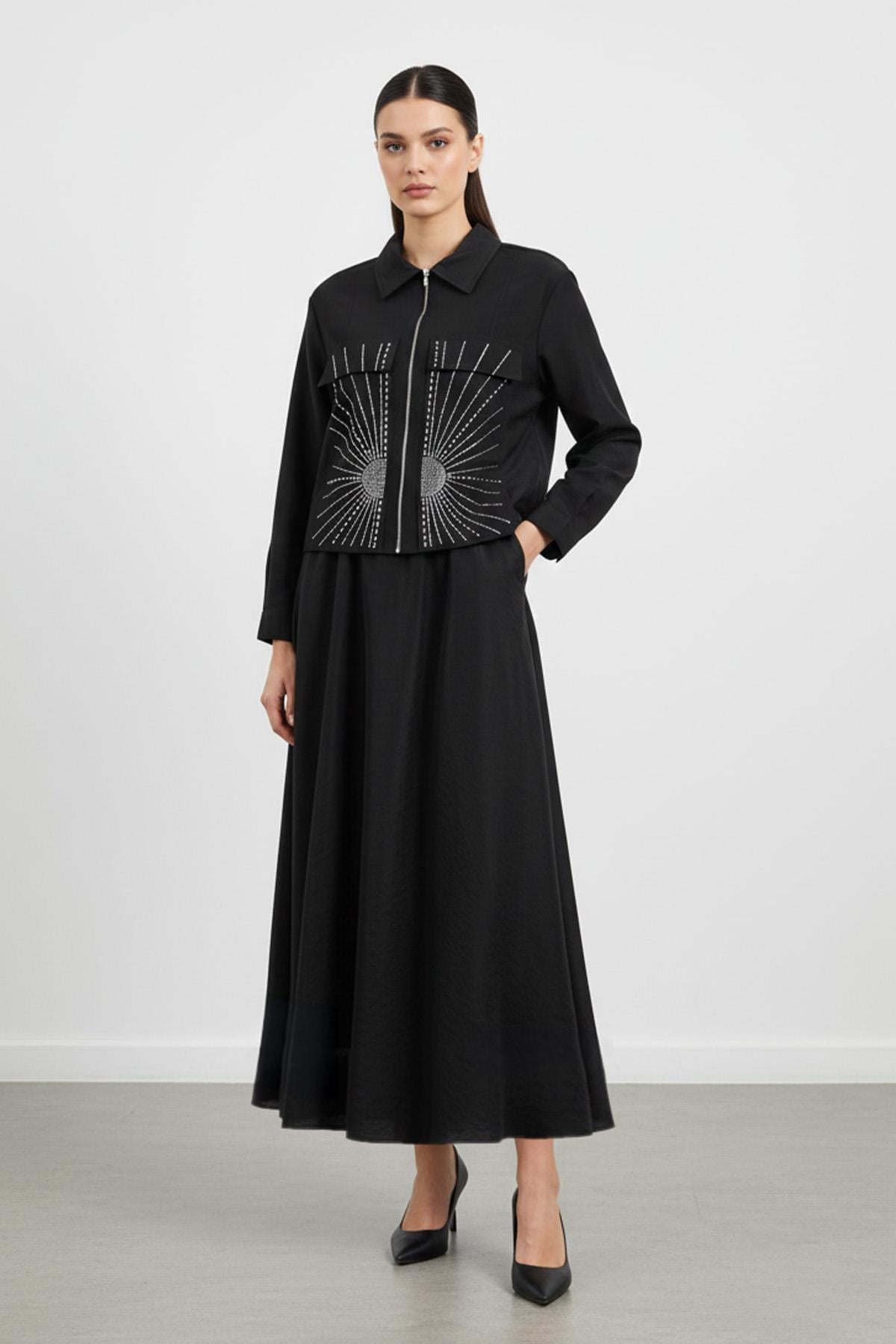 Kadın Fermuarlı Yaka Taş Detaylı İkili Takım-14437TKS - BLACK